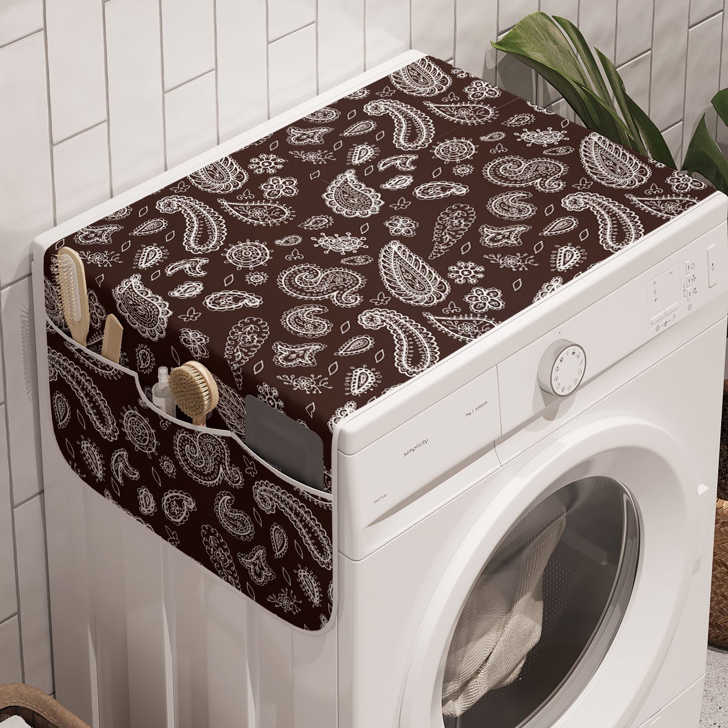 Abakuhaus Badorganizer Anti-Rutsch-Stoffabdeckung für Waschmaschine und Trockner, Brown Paisley Damast-Blumen-Motiv