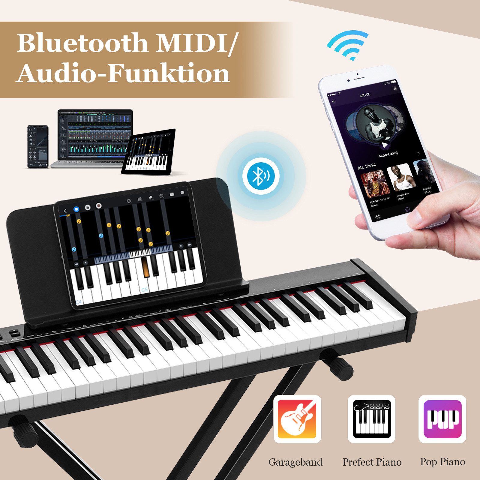 COSTWAY Home-Keyboard, 61 Tastatur, mit Keyboardständer & Hocker, Bluetooth-MIDI