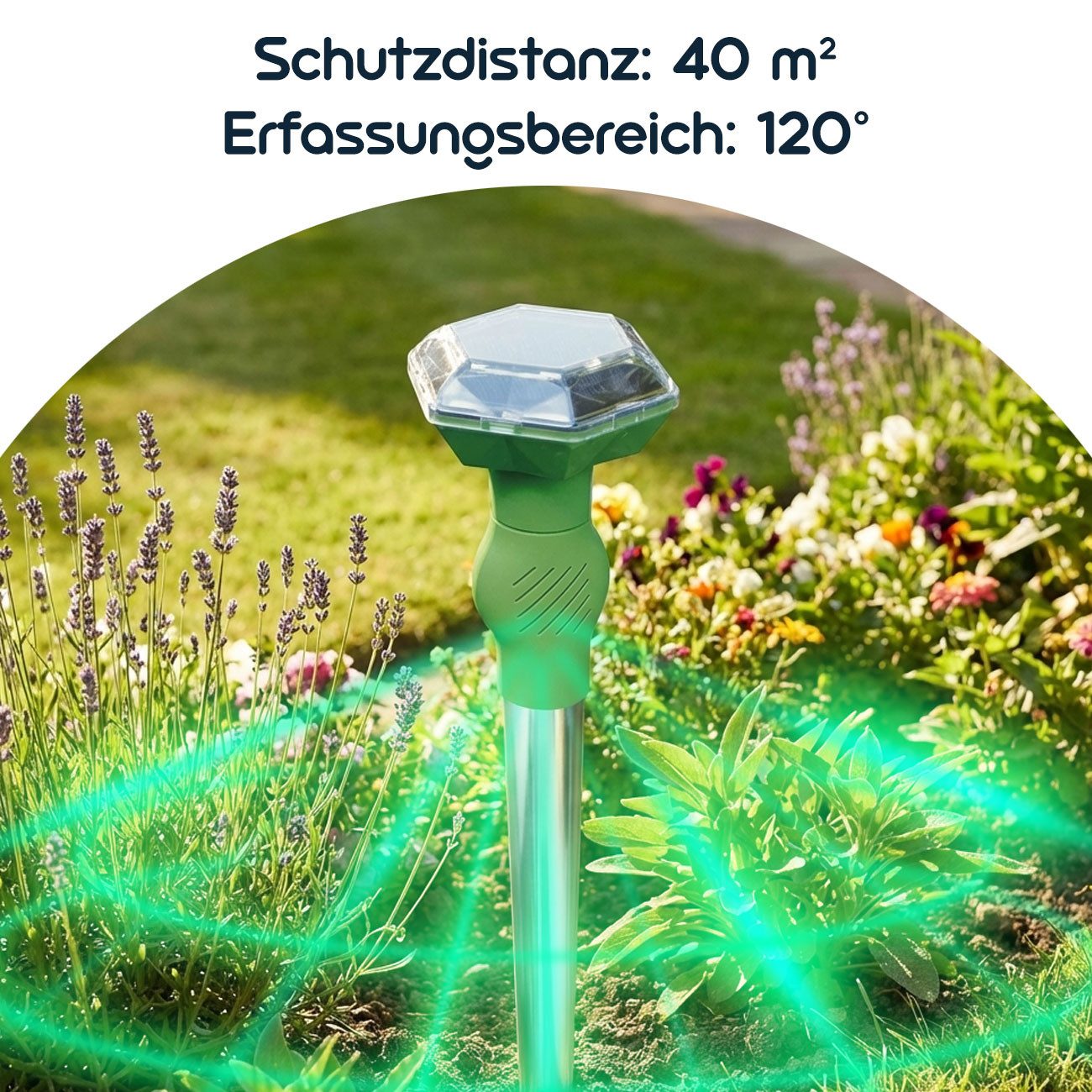 ISOTRONIC Ultraschall-Tierabwehr Solar Ultraschall-Tiervertreiber 40m², Akku-Tierschreck mit Erdspieß, 1-tlg., 1er/2er-Set, Mobiles Ultraschall-Abwehrgerät mit Solarzelle, 2 Akkus & Erdspieß