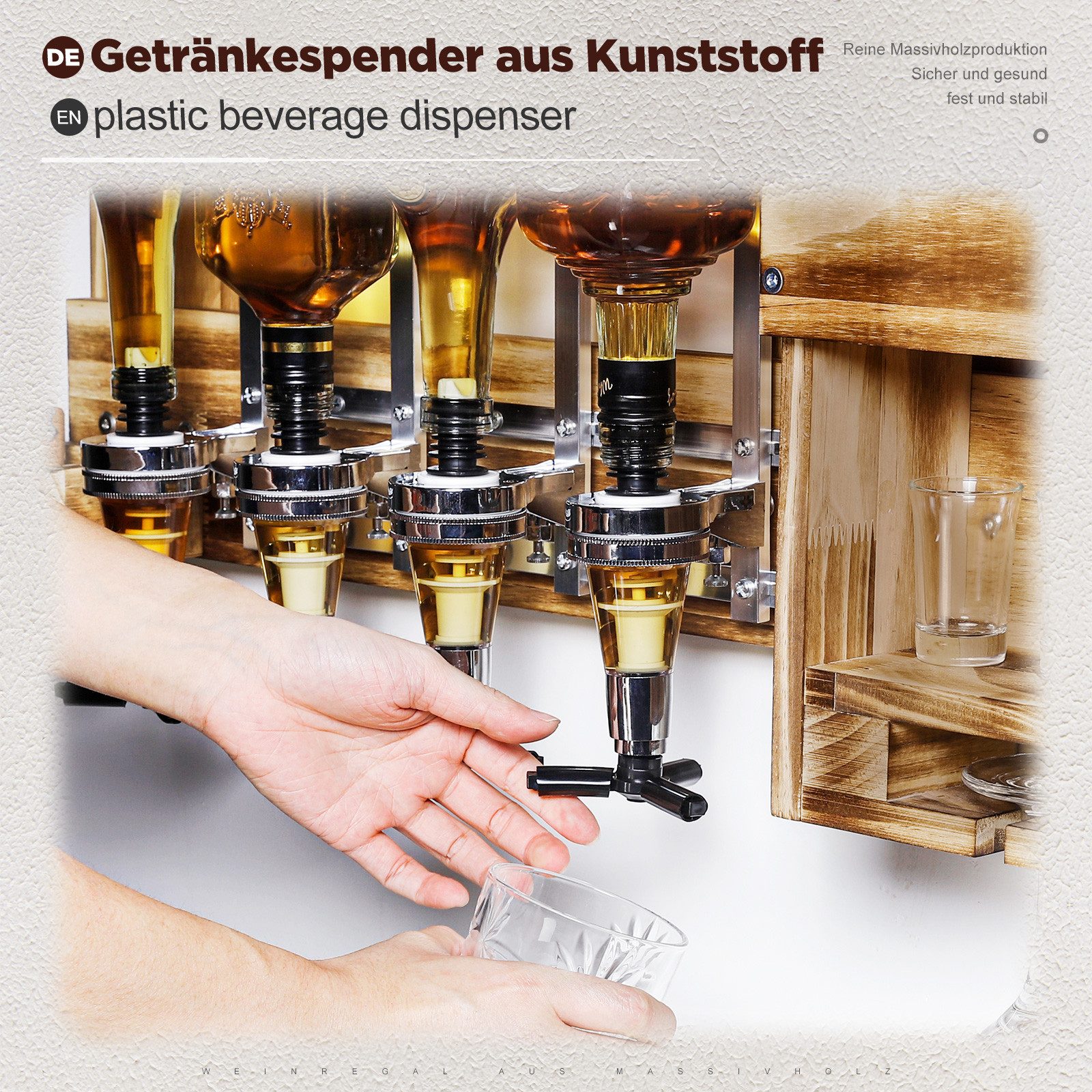Yorbay Weinregal aus Holz, Wandbar mit 4 Getränkespender Wandmontage, Die linke Seite des Regals ist mit vier Getränkespendern