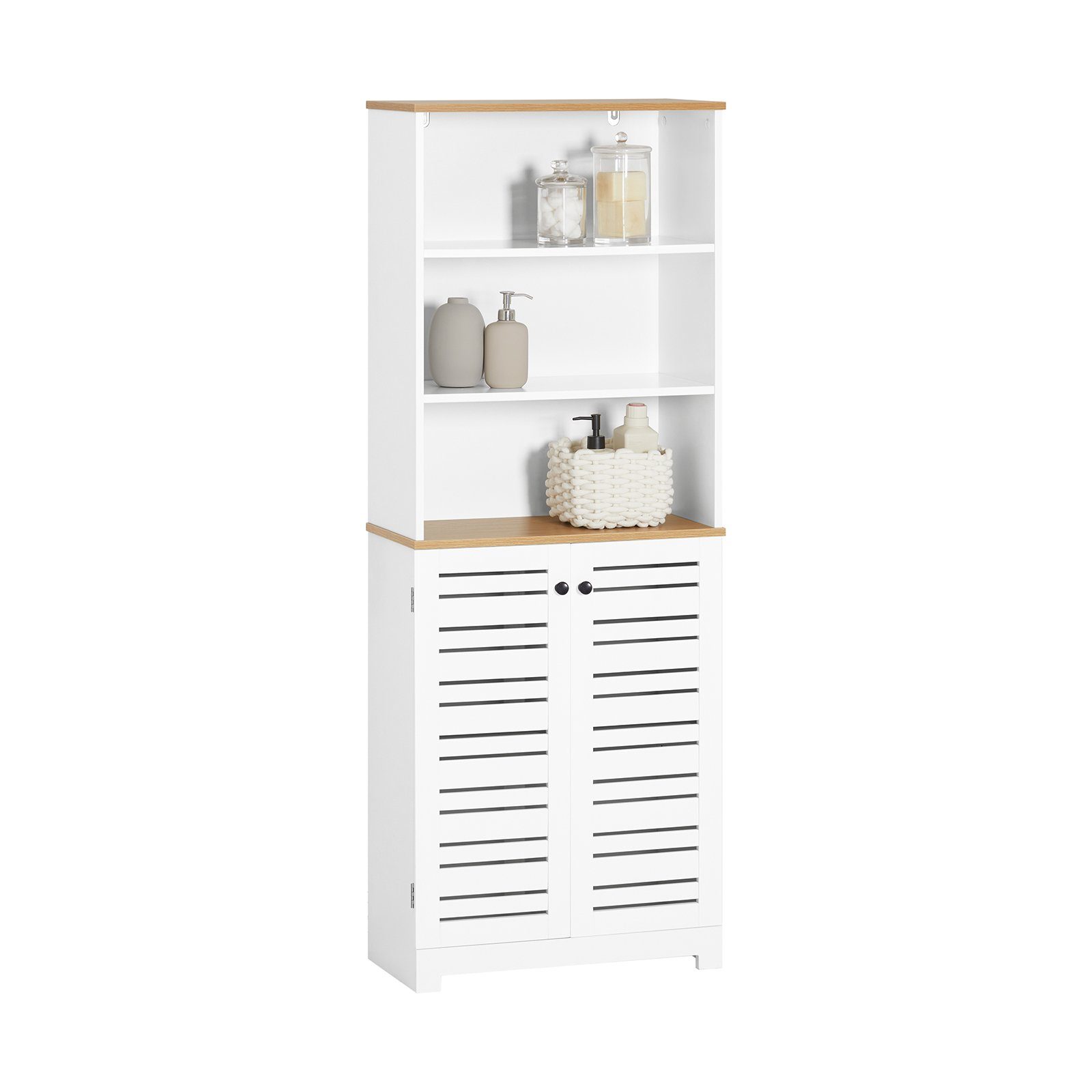 SoBuy Hochschrank BZR44, Badezimmerschrank schmal, Badkommode mit verstellbaren Ablagen Badschrank Aufbewahrungsschrank mit 3 Fächern und 2 Lamellentür