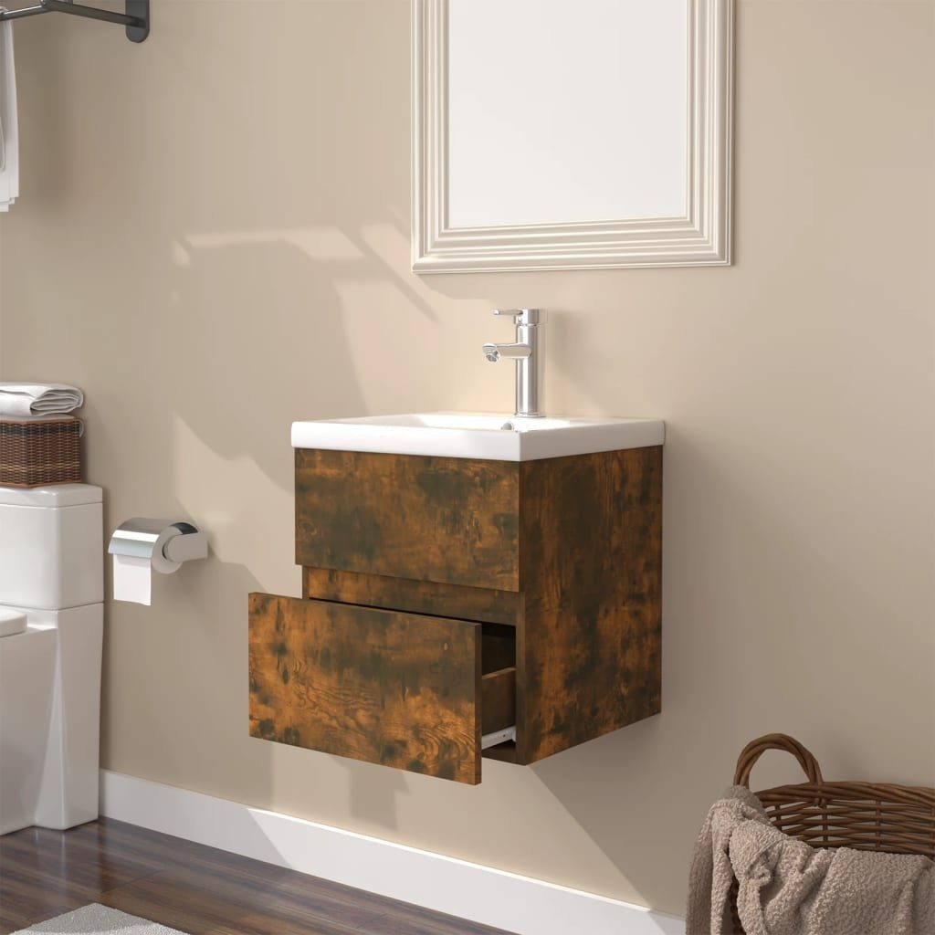 Waschbeckenschrank Holzwerkstoff mit Räuchereiche vidaXL (1-St) Einbaubecken Badezimmerspiegelschrank