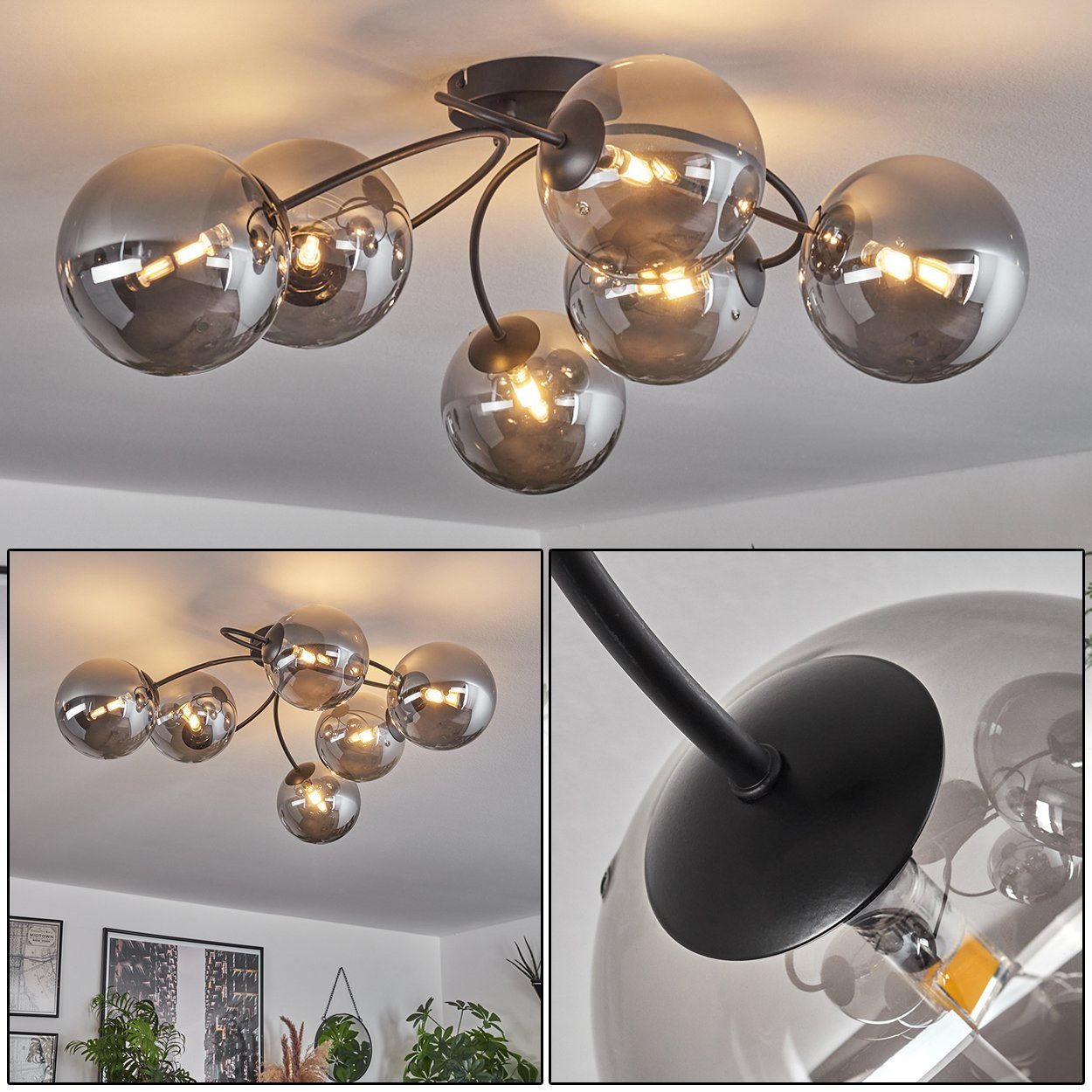 hofstein Deckenleuchte Deckenlampe aus Metall/Glas in Schwarz/Rauchfarben, ohne Leuchtmittel, mit Glasschirmen (15 cm), 6x G9, ohne Leuchtmittel