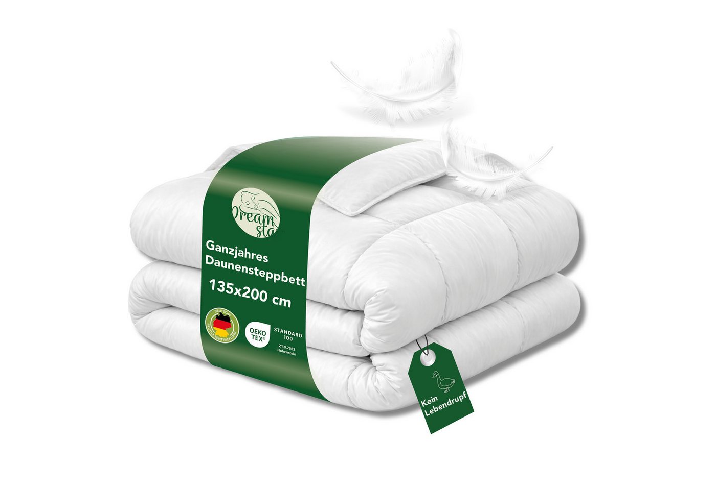 Dreamstar Daunenbettdecke Federbettdecke für Sommer oder Winter, Ganzjahresdecke, atmungsaktiv, Füllung: 70% Daunen, 30% Federn, Decke 135x200cm und 155x220cm, Allergikergeeignet, kein Lebendrupf