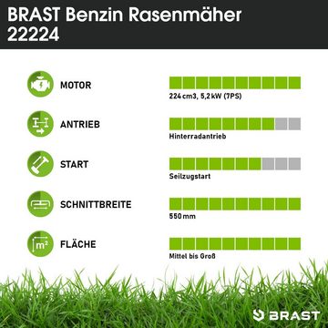 BRAST Benzinrasenmäher mit Antrieb 5,2kW (7PS) inkl. Motoröl, TÜV, 55 cm Schnittbreite, 60L Fangkorb, 4 Takt OHV Motor, Stahlgehäuse, Power