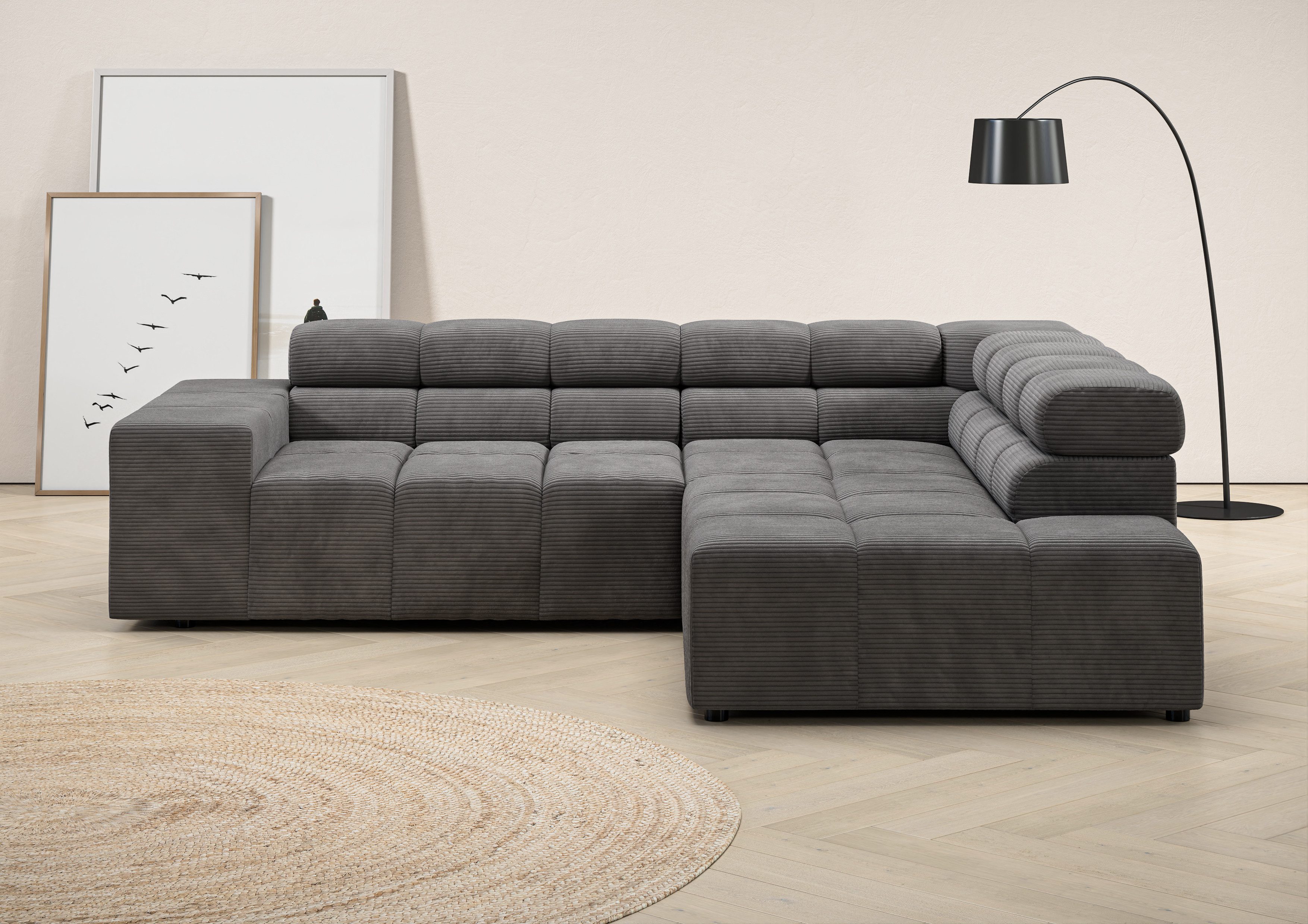 Home affaire Ecksofa Ancona, incl. Kopfteilverstellung + 3 Zierkissen, L-Form, Breite 249cm, wahlweise motorische Sitztiefenverstellung, B/T(H: 249/215/70 cm