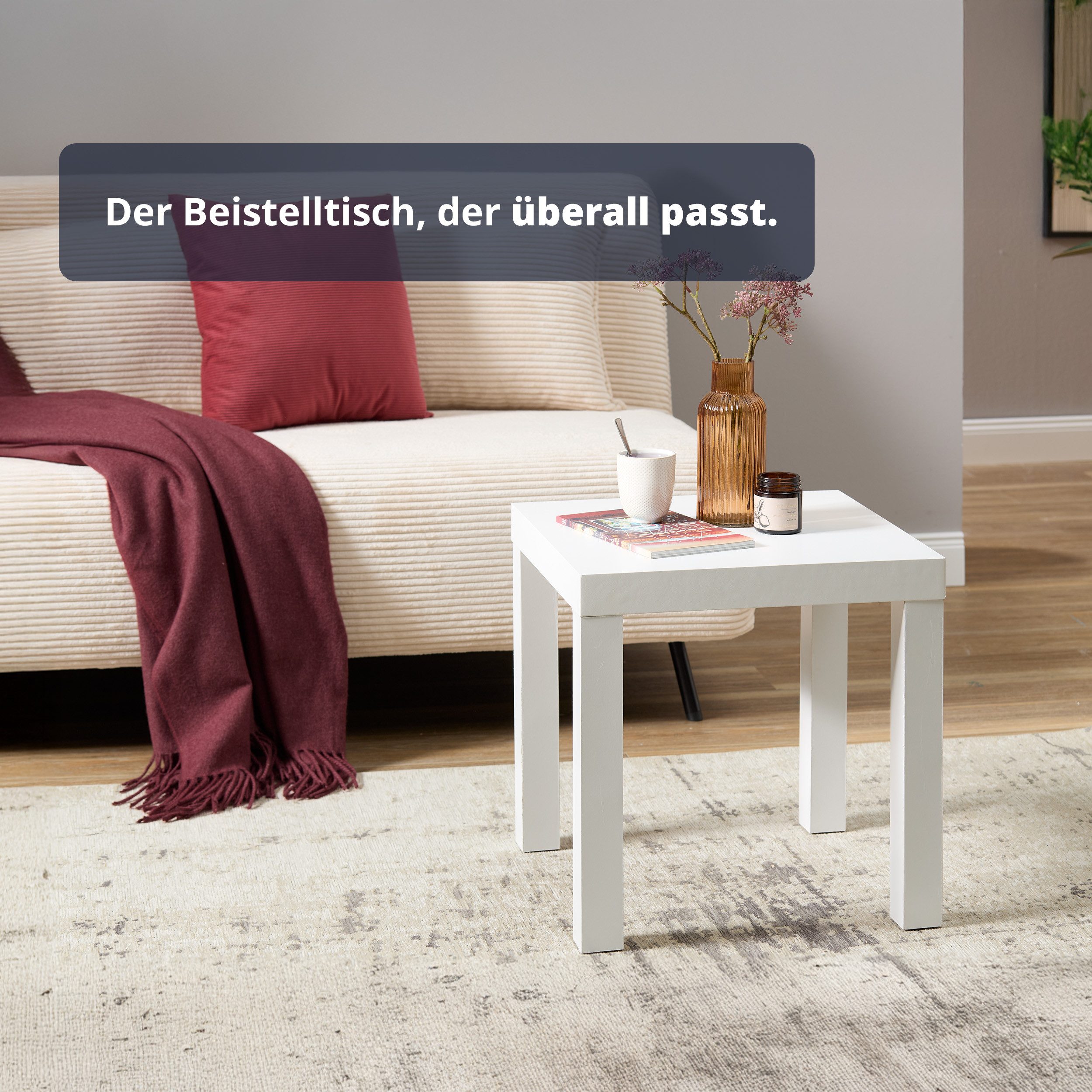 KHG Beistelltisch kleiner Couchtisch quadratisch, Nachttisch Weiß (Holzwerkstoff foliert, 5 kg belastbar, 45x45x45 cm, pflegeleicht, ideal für Wohn- und Schlafzimmer), Pflegeleicht, Quadratisch