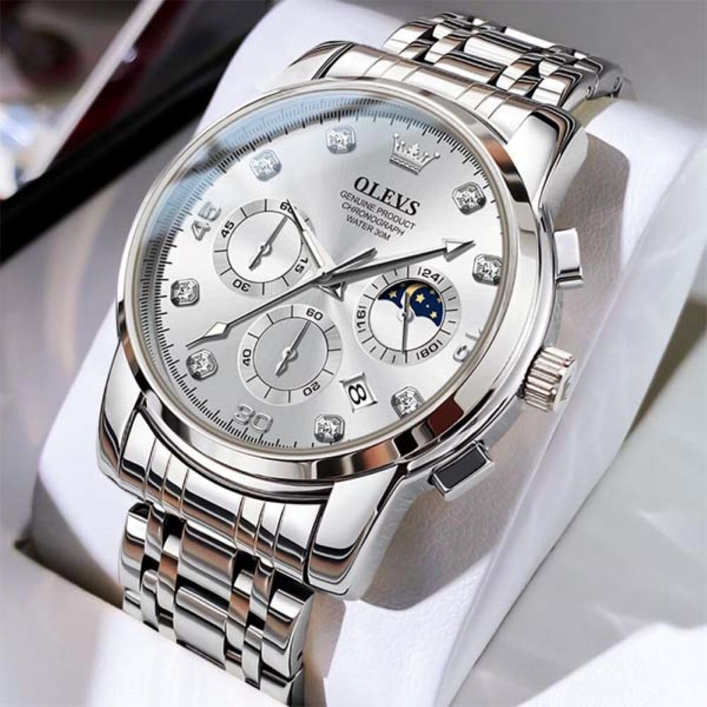 OLEVS Quarzuhr Herrenuhr Olevs Silber/Silber Chronograph Sportlich Edelstahl 2889 – Bild 3 von 5