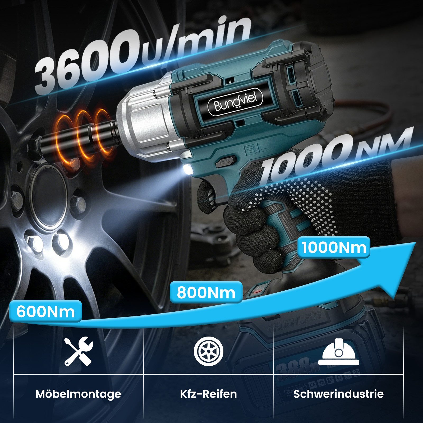 Bundviel Akku-Schlagschrauber 1000Nm 1/2" Bürstenloser Akku Schlagschrauber mit 2x 4000mAh Akku, 3600 U/min, 1000 Nm, (Set, 25-tlg., 5×Steckschlüssel, 4×Metallbohrer, 4×Holzbohrer, 4×Magnetsteckschlüssel), 5 in 1 Elektro-Schlagschrauber für Reparaturen und Heimwerken