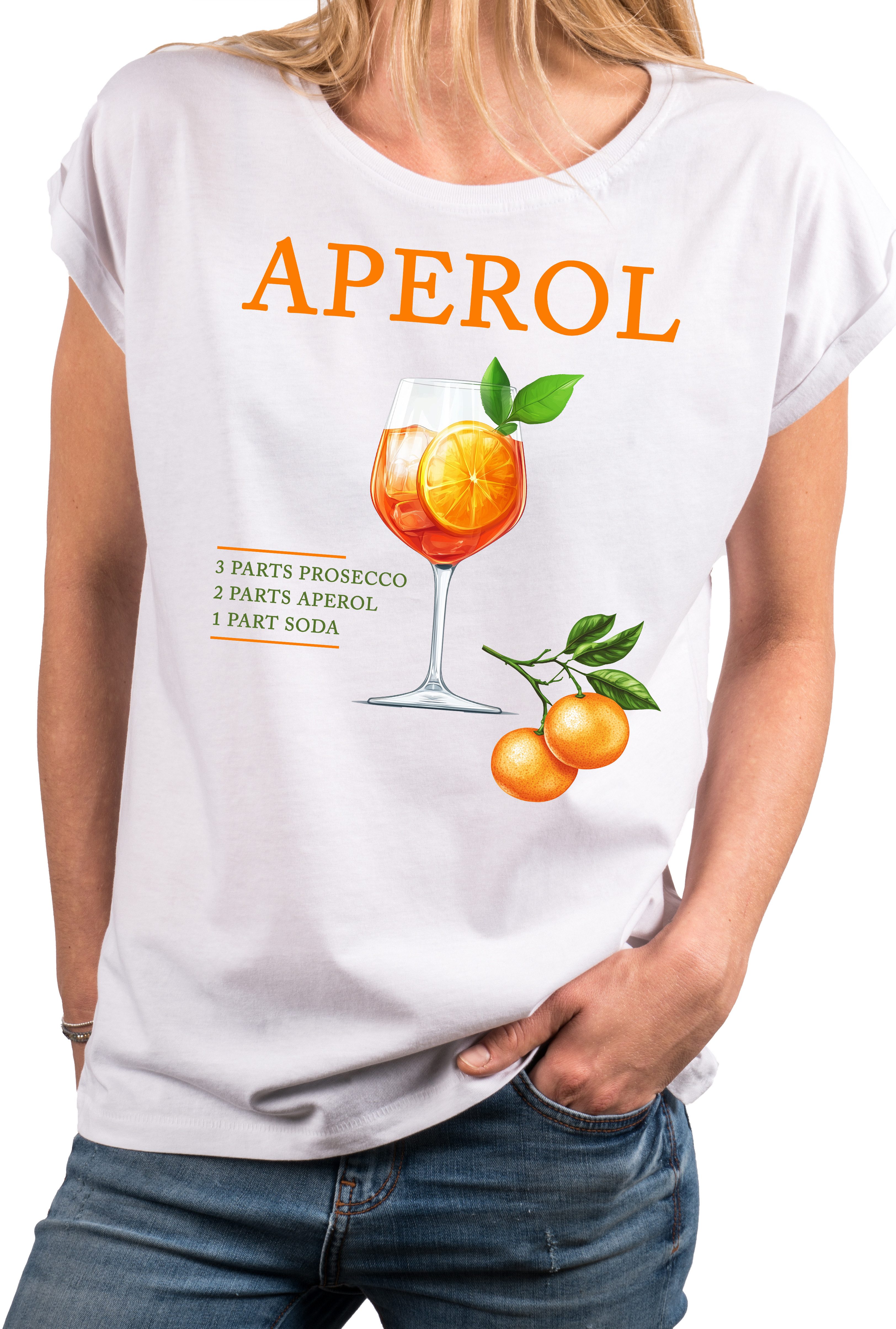 MAKAYA Print-Shirt Damen mit Orangen Motiv Aperol Spritz Glas Party Outfit Lässig Elegant (Schwarz, Weiß, Blau, Grau, Grün, Rosa, 34, 36, 38, 40, 42, 44, 46, 48, 50) große Größen