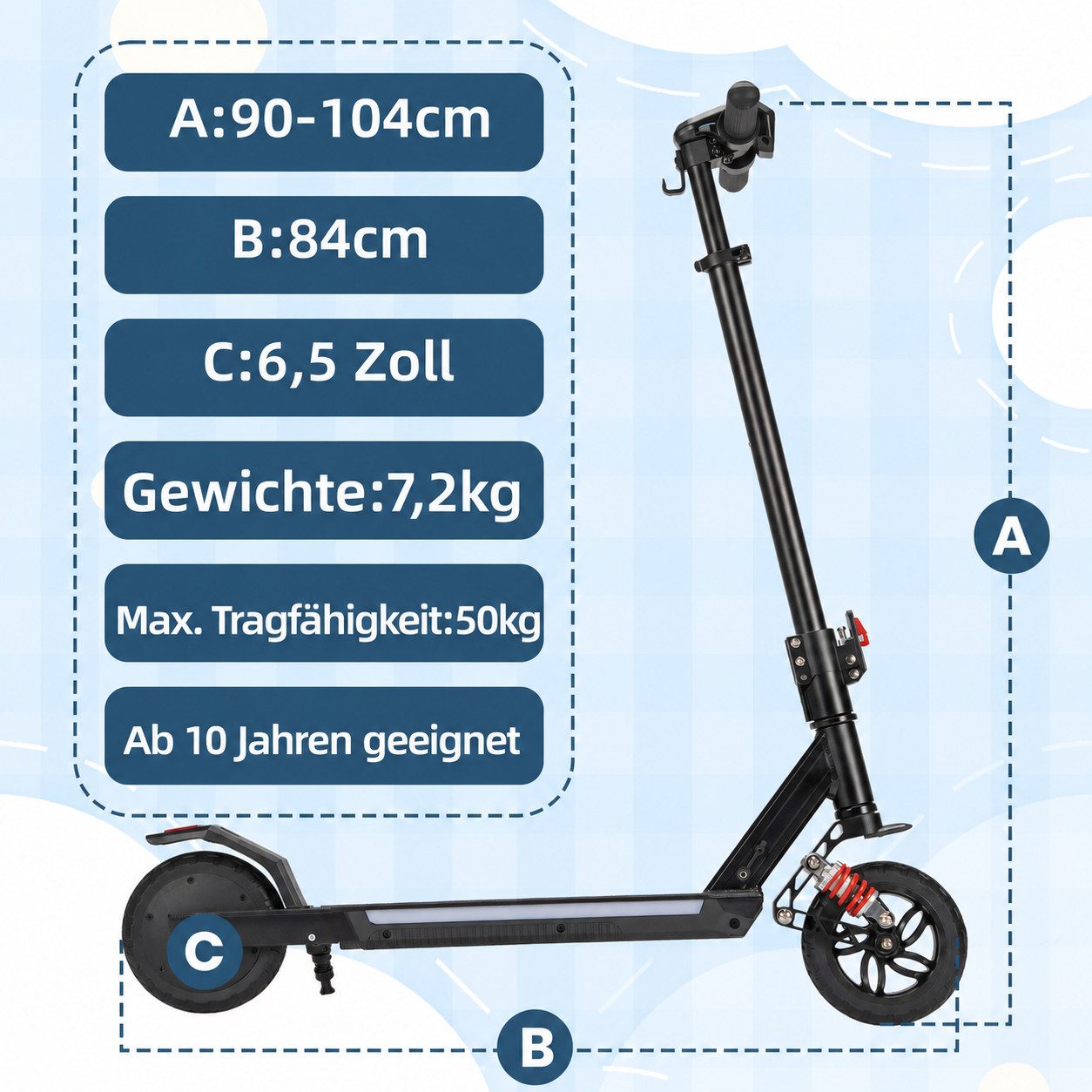 Vankel Elektro-Kinderroller ab 10 Jahre, E scooter für Kinder, klappbar, 15km, höhenverstellbar, EBS+Fußbremse, LED-Display, farbiger Beleuchtung, mit Haken, Federung
