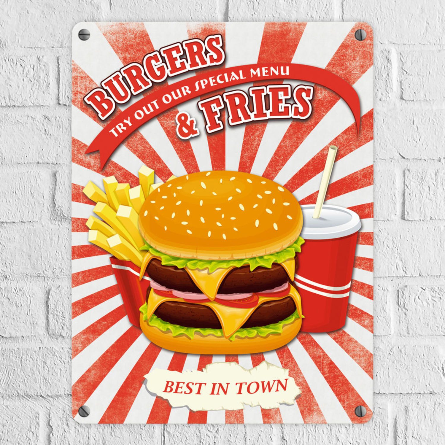 speecheese Metallschild Fast Food Burgers & Fries Schild Blechschild Aluminiumschild
