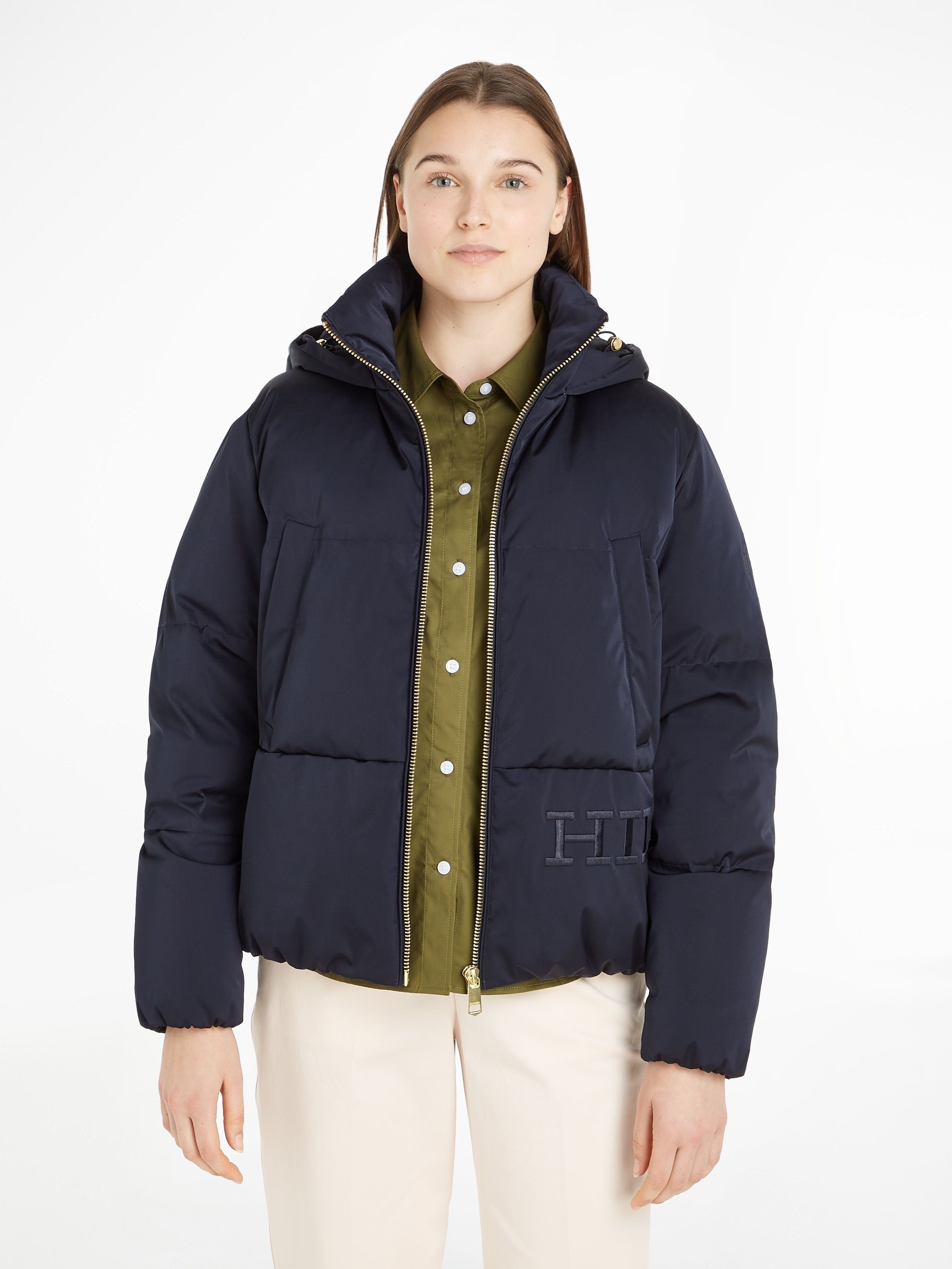 Tommy Hilfiger Daunenjacke SATEEN HOODED DOWN JACKET im hüftlangen Schnitt desert sky