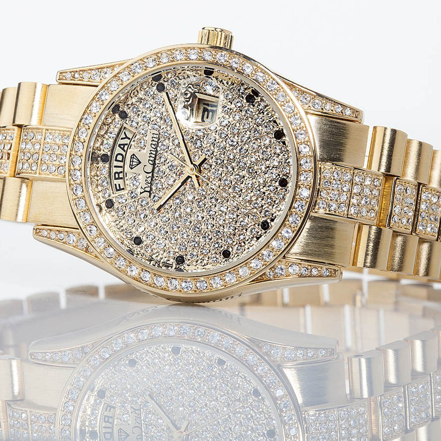 Yves Camani Quarzuhr TIBERIUS, Edelstahlband, Zirkonia-Kristalle, Datums- und Wochentagsanzeige