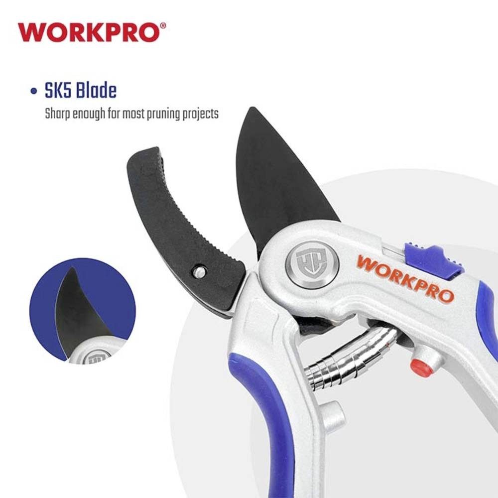 WorkPro Astschere Gartenschere WP332012, mit Schnitthöhenverstellung, inkl. Gras- und Strauchscherenvorsatz