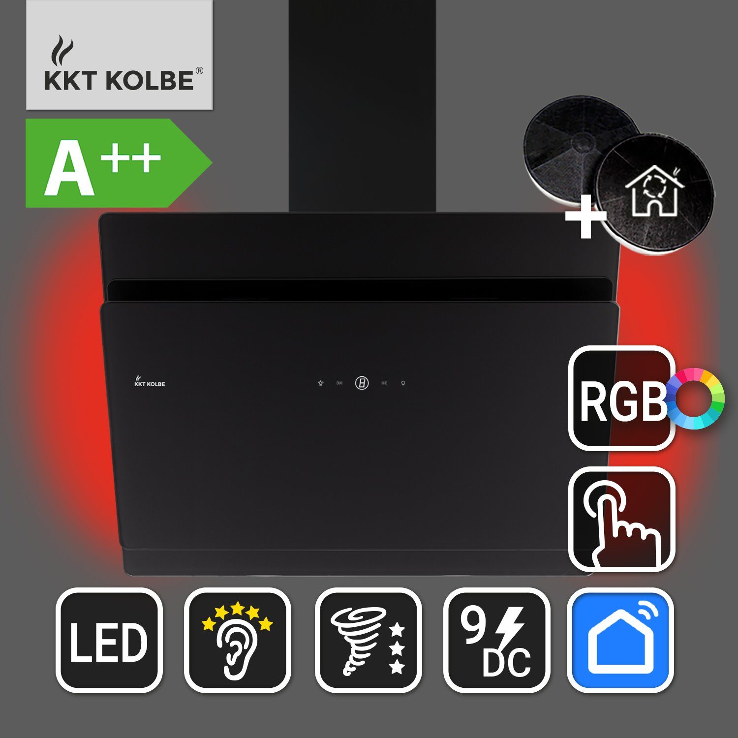 KKT KOLBE / / RGBW Wandhaube / Leise Glas Ambientebeleuchtung, Dunstabzugshaube / 80cm Schwarz SOLO809SHCM Smarte 80cm WiFi-App Kopffreihaube 