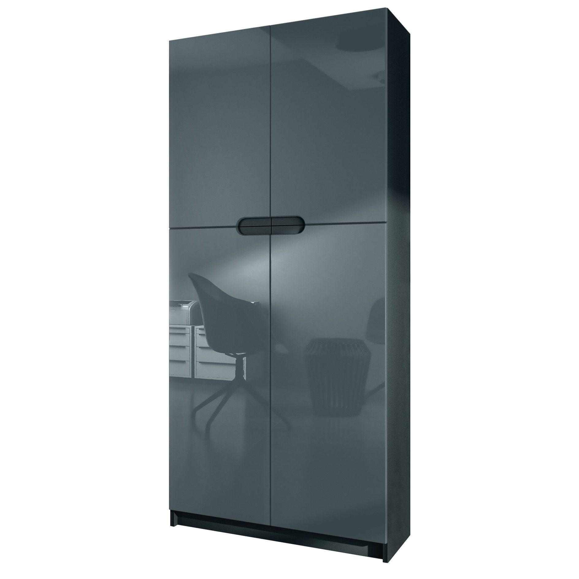 Vladon Aktenschrank Logan (Aktenschrank, mit 5 Fächern und 4 Türen) Schwarz matt/Grau Hochglanz (82 x 185 x 37 cm)