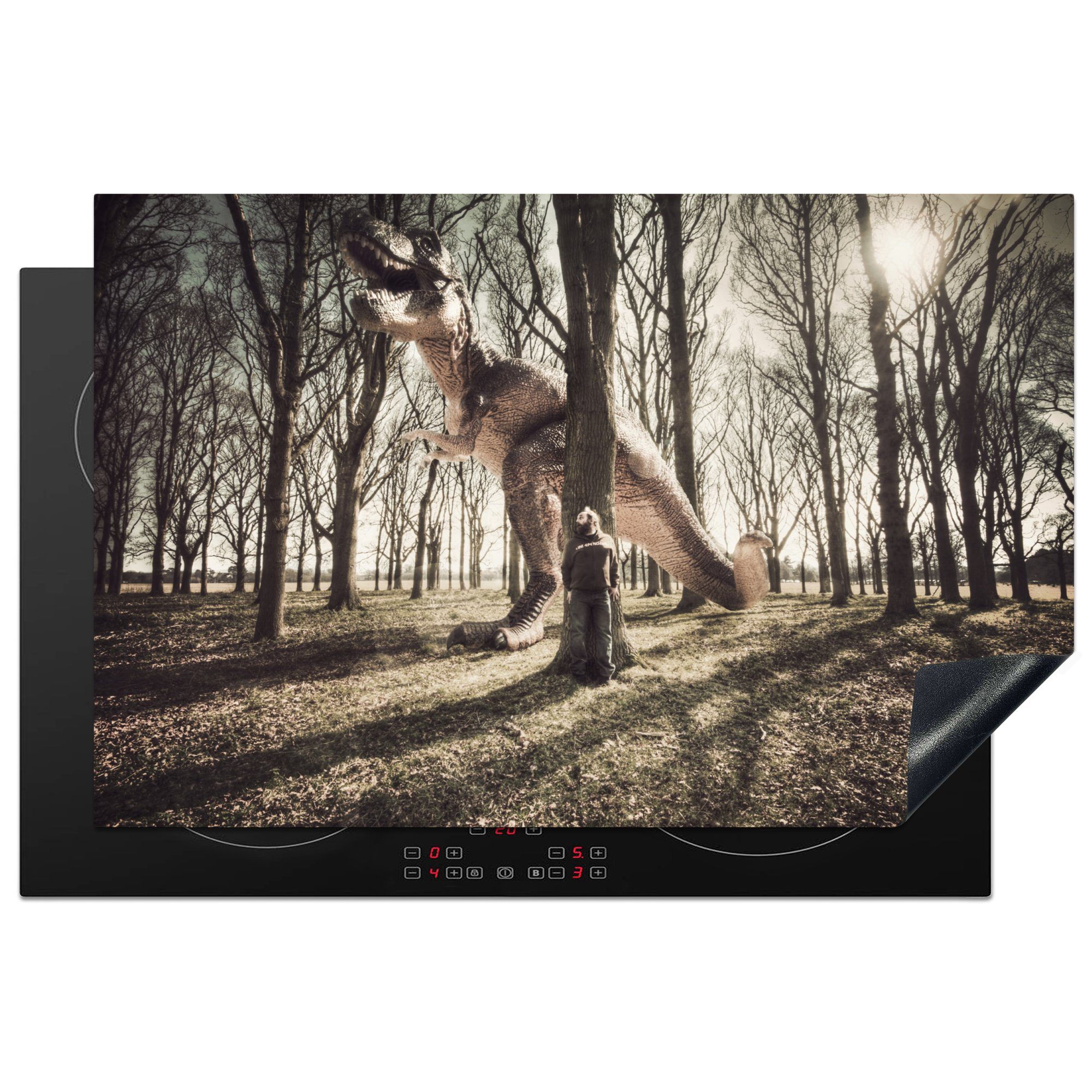 MuchoWow Herdblende-/Abdeckplatte Dinosaurier - Wald - Baum, Vinyl, (1 tlg), 81x52 cm, Induktionskochfeld Schutz für die küche, Ceranfeldabdeckung
