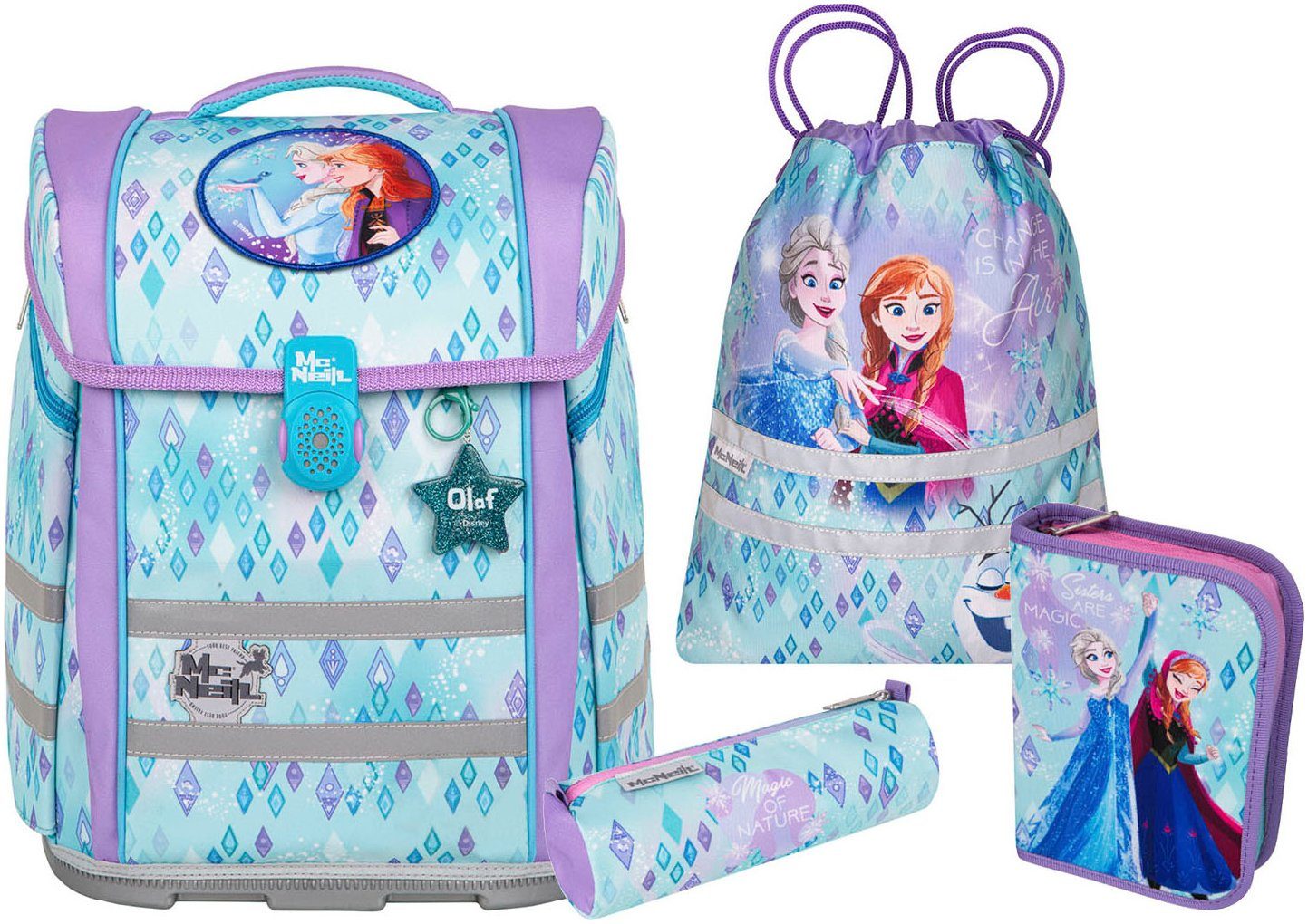 McNeill Schulranzen Perfecto, Disney, Frozen (Set, 5-tlg), inkl. Federmäppchen, Turnbeutel, Schlamperrolle & Motivmagnet