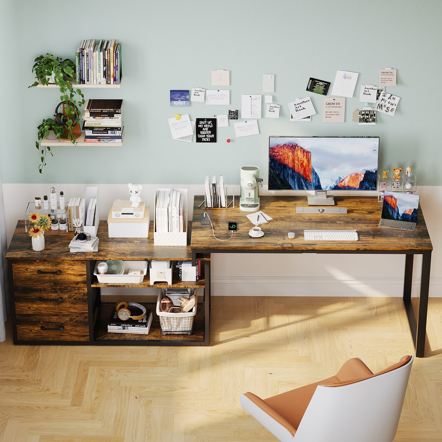 HOMALL Schreibtisch L-förmiger Eckschreibtisch mit USB-Anschluss und zwei Steckdosen. (Abmessungen: 140 x 105 x 75 cm, L-förmiger Schreibtisch Gamingtisch, umwandelbar in einen I-förmigen Schreibtisch, mit 3 Schubladen und 2 Fächern)
