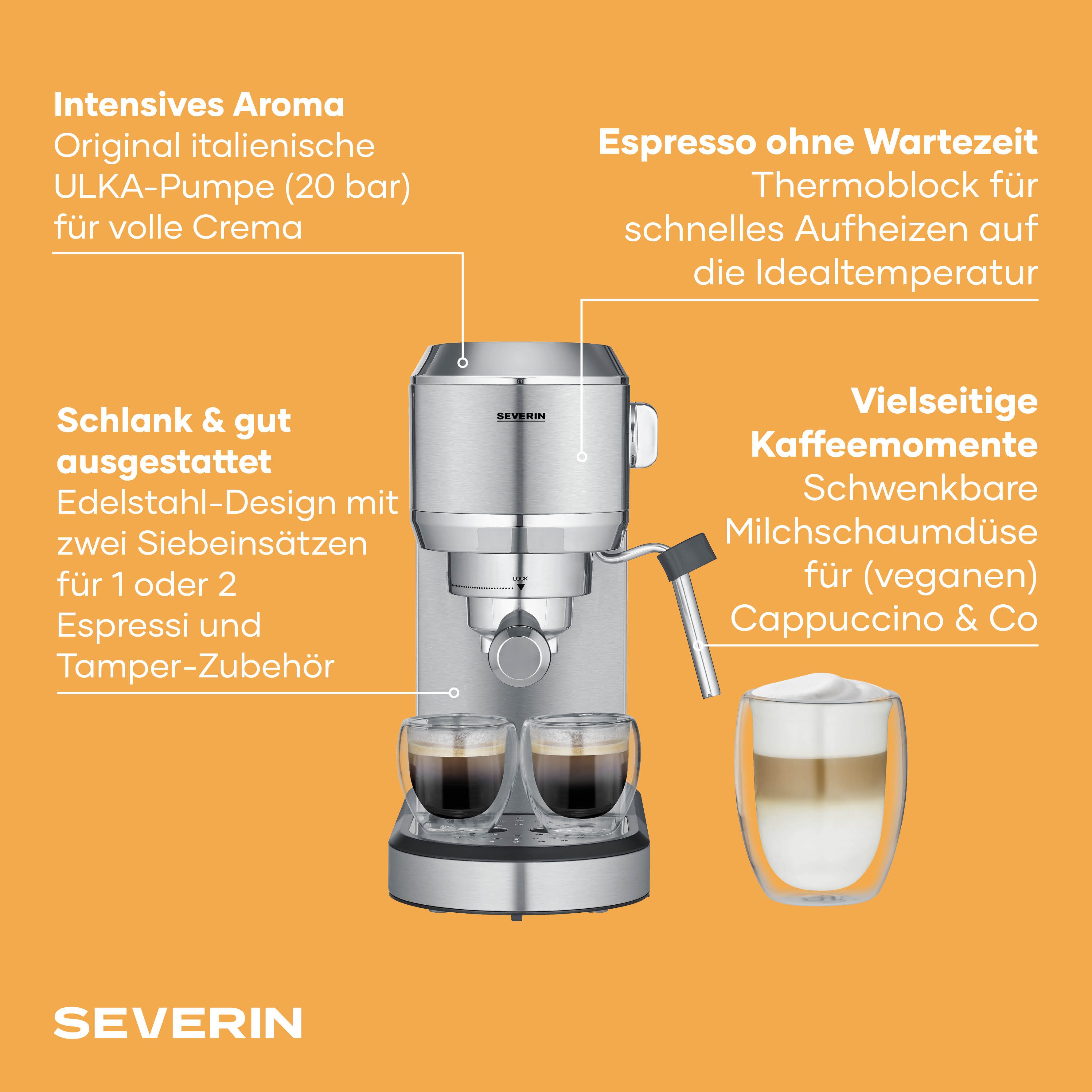 Severin Siebträgermaschine KA 5997 Espressomaschine „Newspresa“, Espressomaschine, italienische ULKA-Pumpe 20 Bar, Milchaufschäumdüse