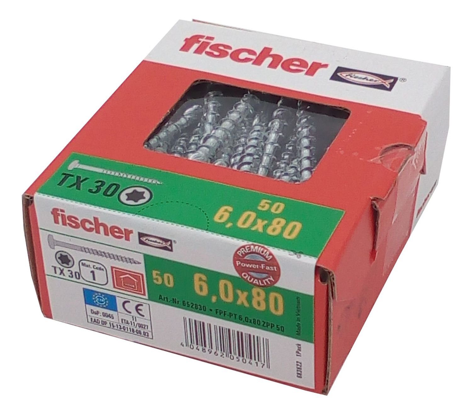 Fischer Befestigungstechnik Spanplattenschraube 50x fischer Spanplattenschrauben 6,0x80 TX30 Holzschrauben verzinkt Te, (50 St)