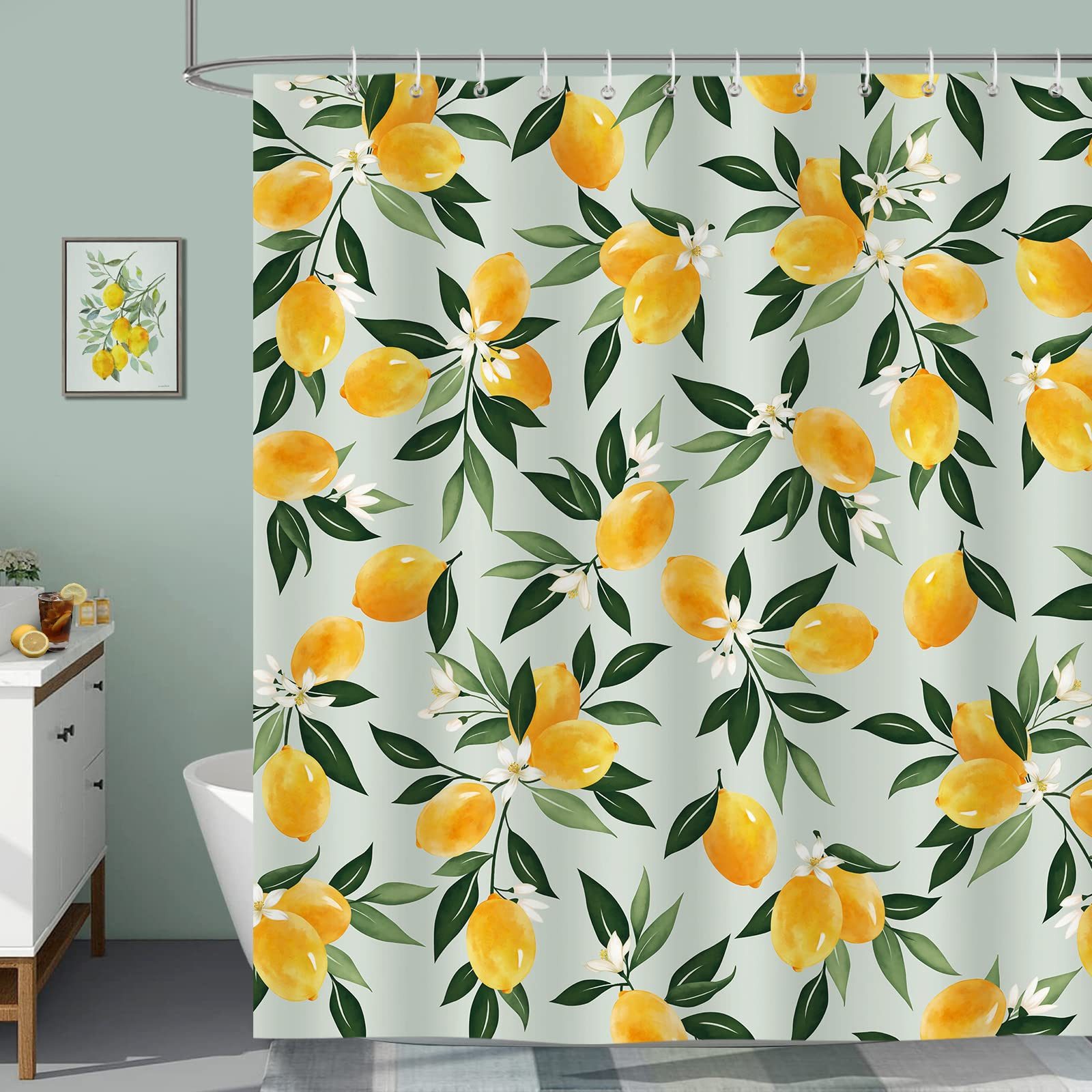 FOUORTUNATE-BEE Duschvorhang Zitronen Grüne Blätter Duschvorhänge Anti-Schimmel Wasserdicht (180 x 180 cm Polyester Stoff Waschbar Vorhäng für Badzimmer mit 12 Haken)