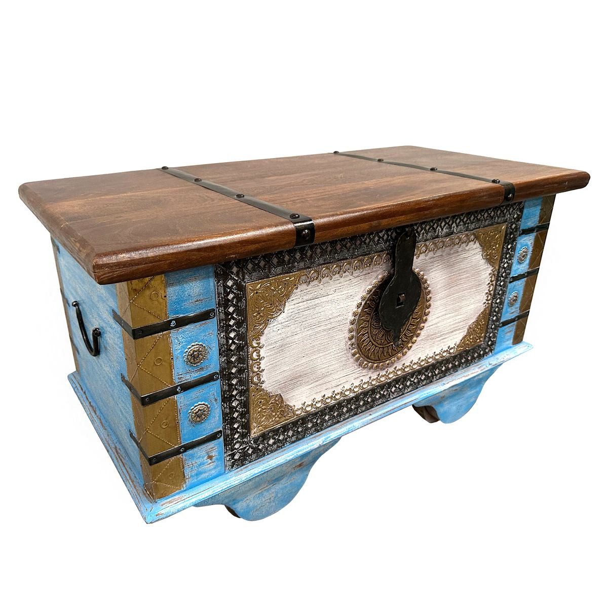 Oriental Galerie Truhe Indische Truhe Blau Braun 80 cm, Beistelltisch, Holztruhe, Antik, Wäschetruhe, Möbeltruhe, Holzkiste