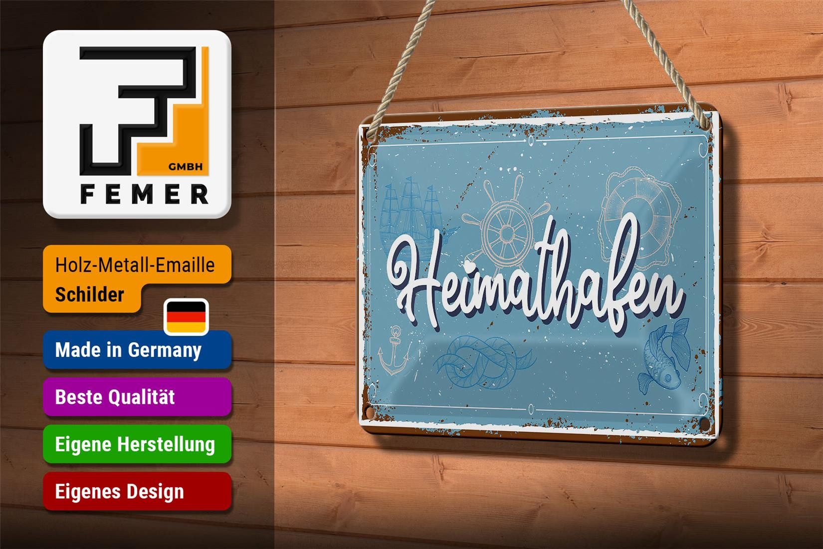 Femer GmbH Metallschild Spruch 18x12cm Heimathafen Steuerrad, (1 St), gewölbte Oberfläche, abgerundete Ecken, umgeschlagene Kanten