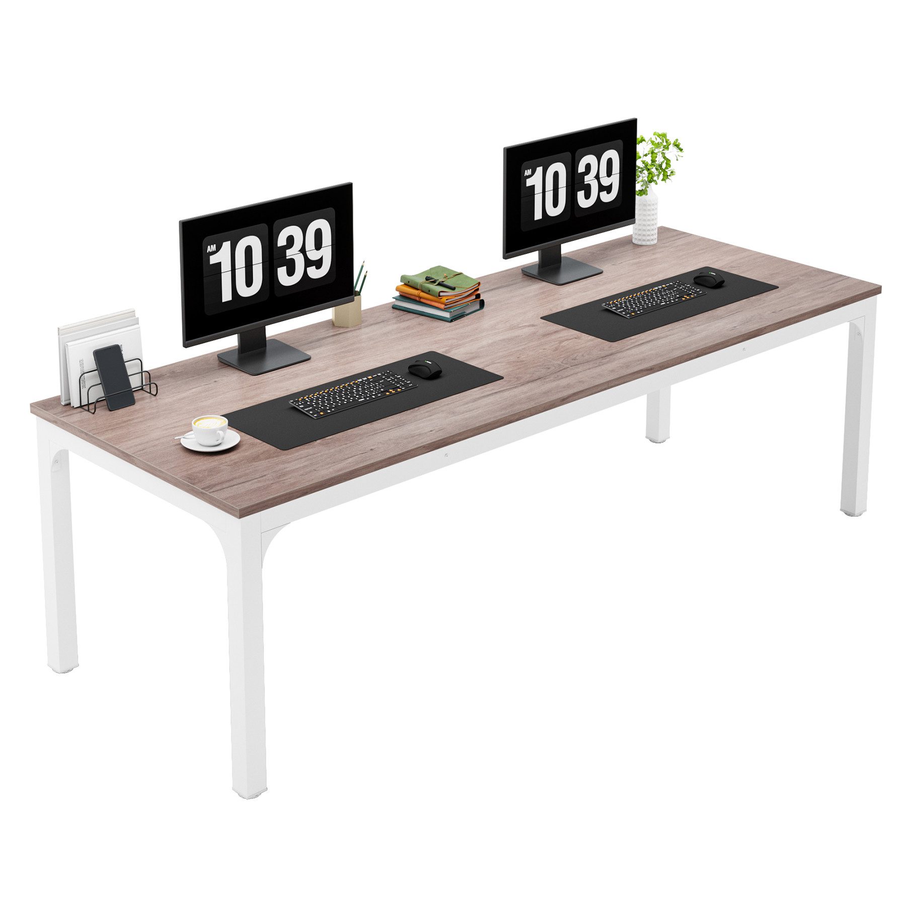 Tribesigns Computertisch 200x70x75cm, doppelter PC-Bürotisch, Braun/Weiß günstig online kaufen