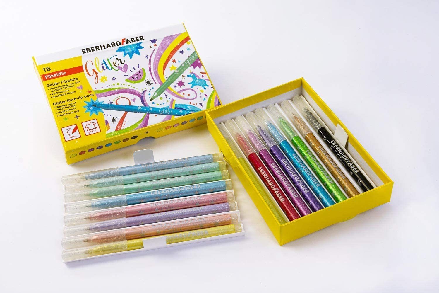 Eberhard Faber Filzstift Glitzer Filzstifte Fasermaler in Aufbewahrungsbox, (16-tlg), Ideal zum Schulanfang