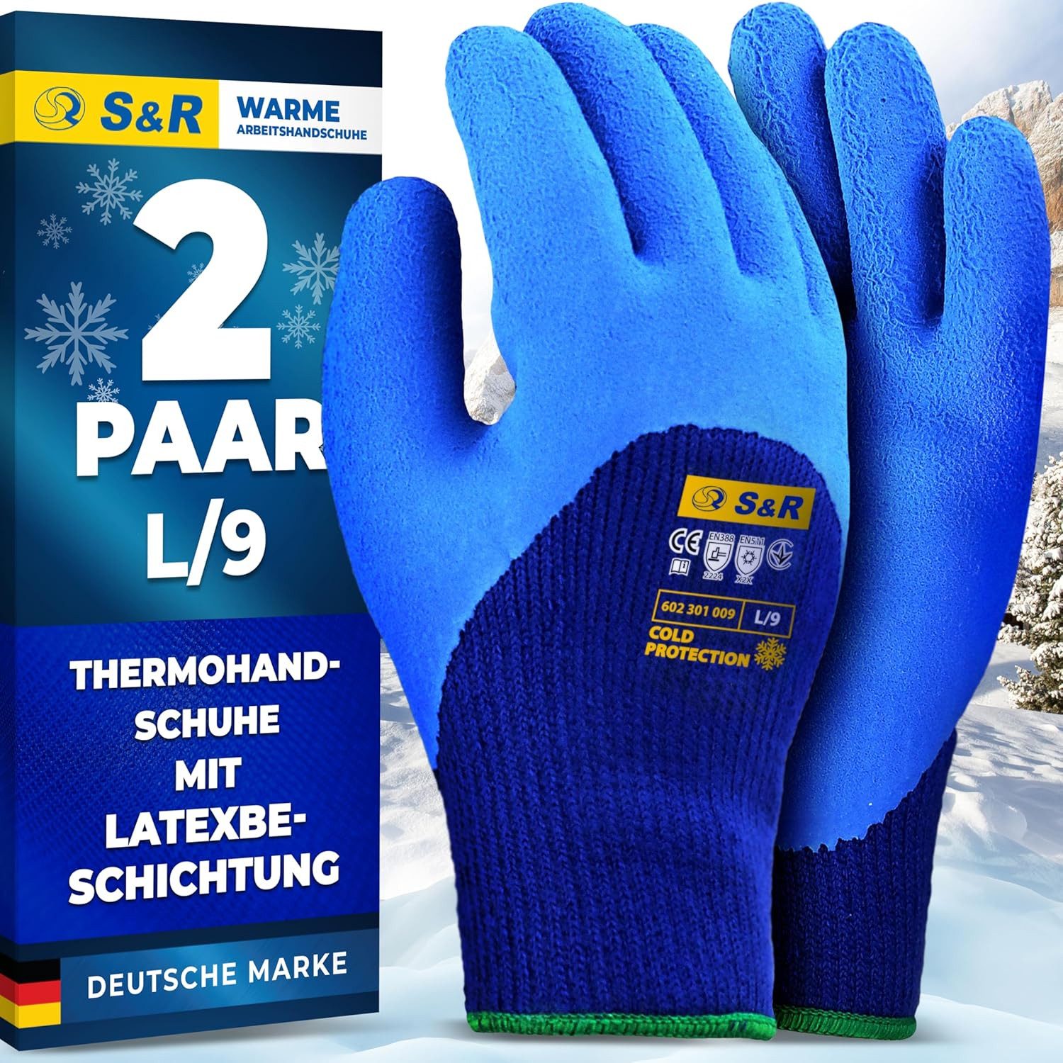 S&R Arbeitshandschuhe PROFI Wärme-Arbeitshandschuhe, 3/4 Anti-Rutsch Latexbeschichtung (Set, 4-St., 2 Paar L / 9) gefütterte Thermo-Schutzhandschuhe für Industrie, Lagerwesen, KFZ