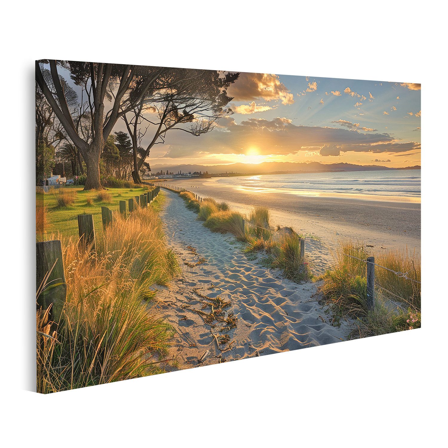 islandburner Leinwandbild, Sonnenaufgang am Strand mit Bergkulisse und Gräsern