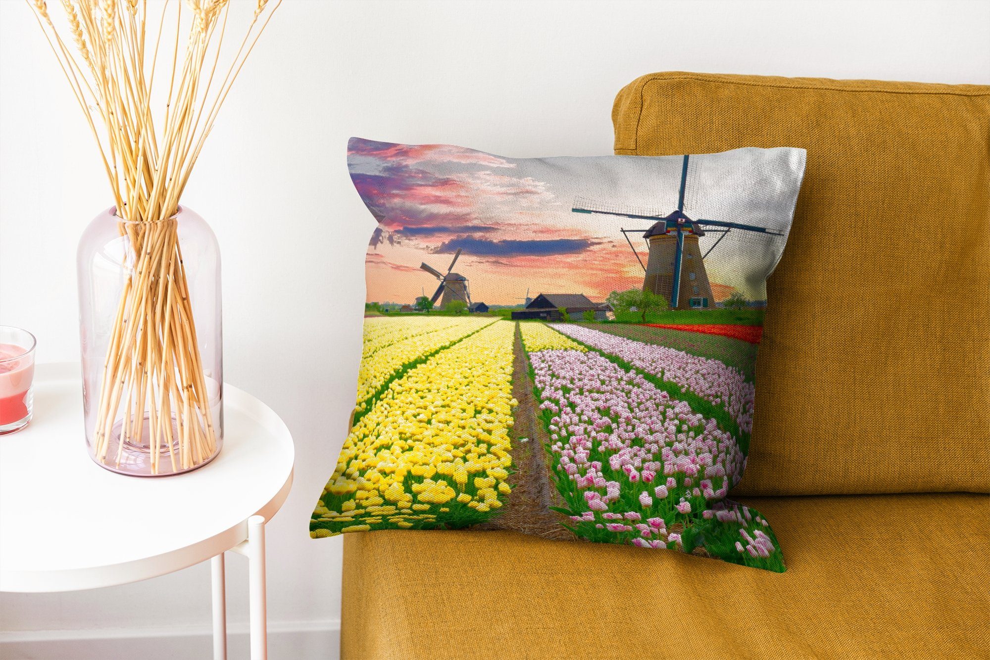 Blumen - Zierkissen Windmühle Füllung MuchoWow Sofakissen Tulpen Deko, - Wohzimmer, für Dekokissen - Niederlande, mit Schlafzimmer,
