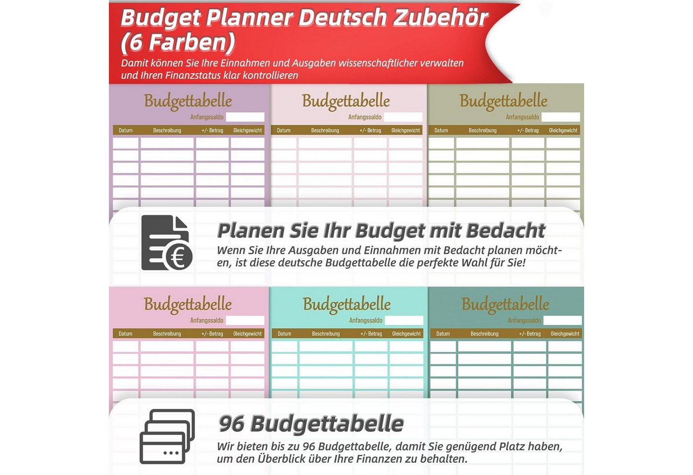 Thumbnail - LuxusKollektion Notizbuch A6 Budget Planner Deutsch Zubehör 96er Set 182 Seiten 8 Farben Budget
