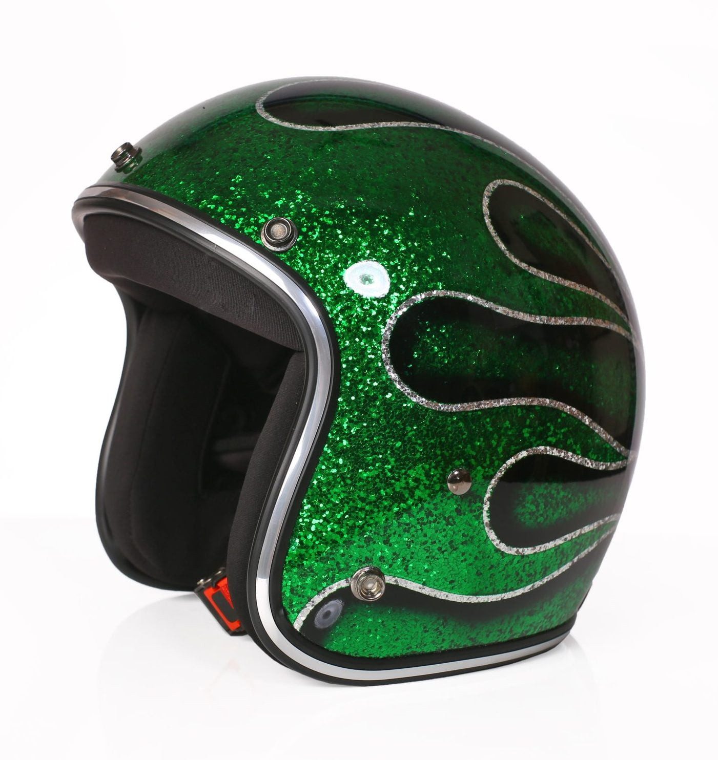 Alpha Speeds Motorradhelm ATELIER — Blaze Emerald Flame, Metal-Super-Flake• Fiberglas • Grün, nur ca. 800 g, inkl. herausnehmbare Wangenpolster, Slim & Smart Fit
