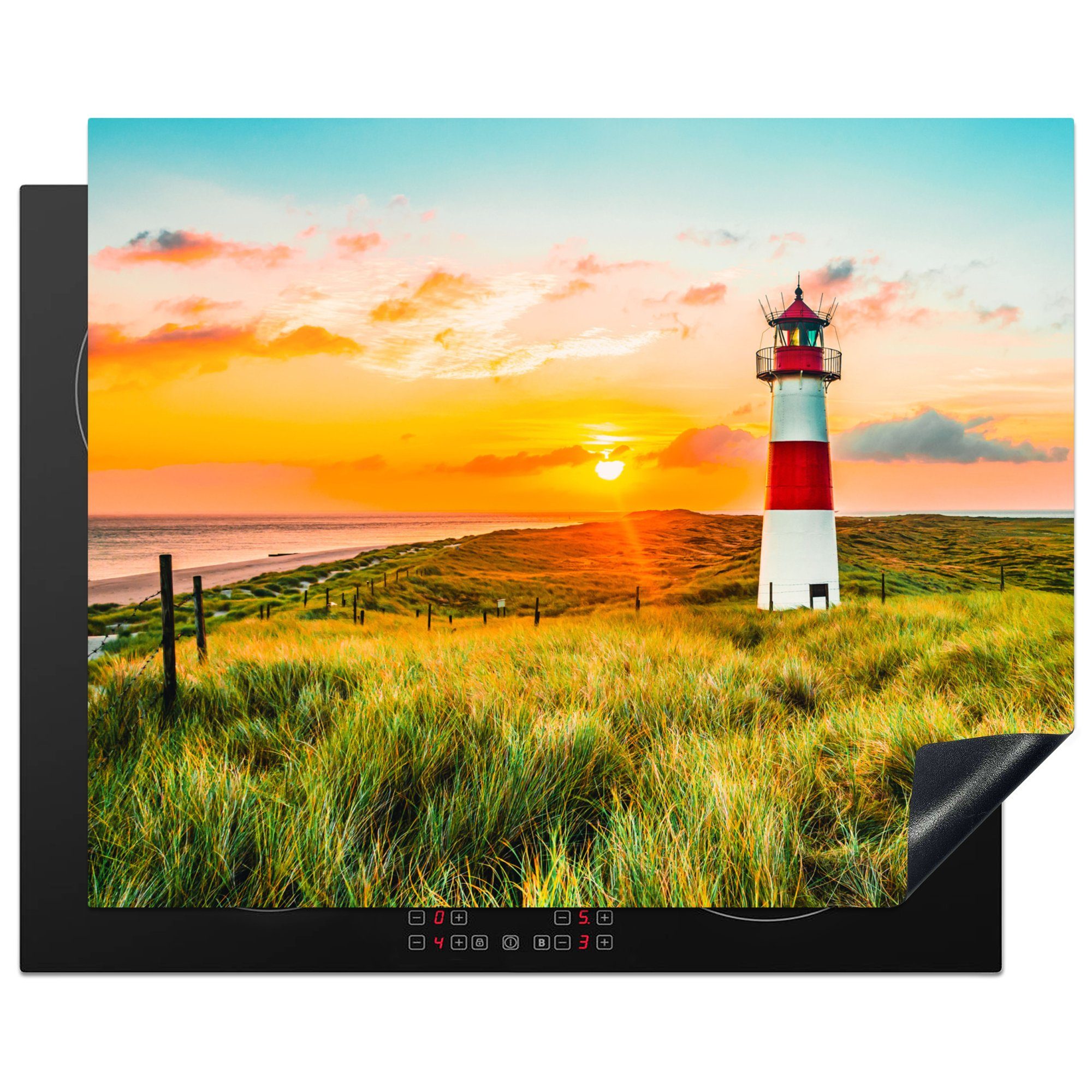 MuchoWow Herd-Abdeckplatte Leuchtturm - Natur - Sonne - Landschaft - Gras - Strand - Meer, Vinyl, (1 tlg), Herdabdeckplatten für Ceranfeld, Induktionsschutz, 65x55 cm