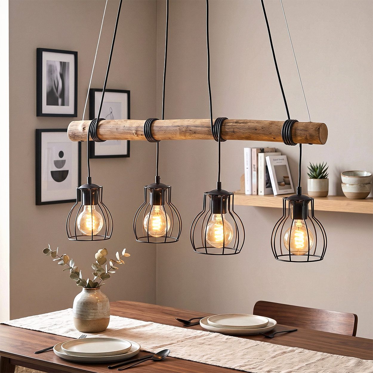 hofstein Pendelleuchte Pendellampe aus Metall/Holz in Schwarz/Naturfarben in Gitter-Optik, moderne Hängeleuchte im Retro/Vintage/Boho-Design, 4 x E27 – Bild 3 von 5