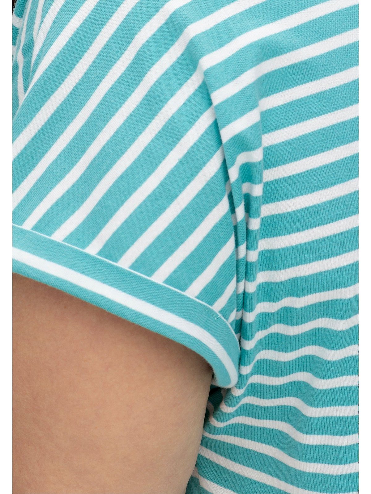 Dekokante Oversize-Shirt aqua Sheego mit und Saum garngefärbten Größen am Große Ringeln