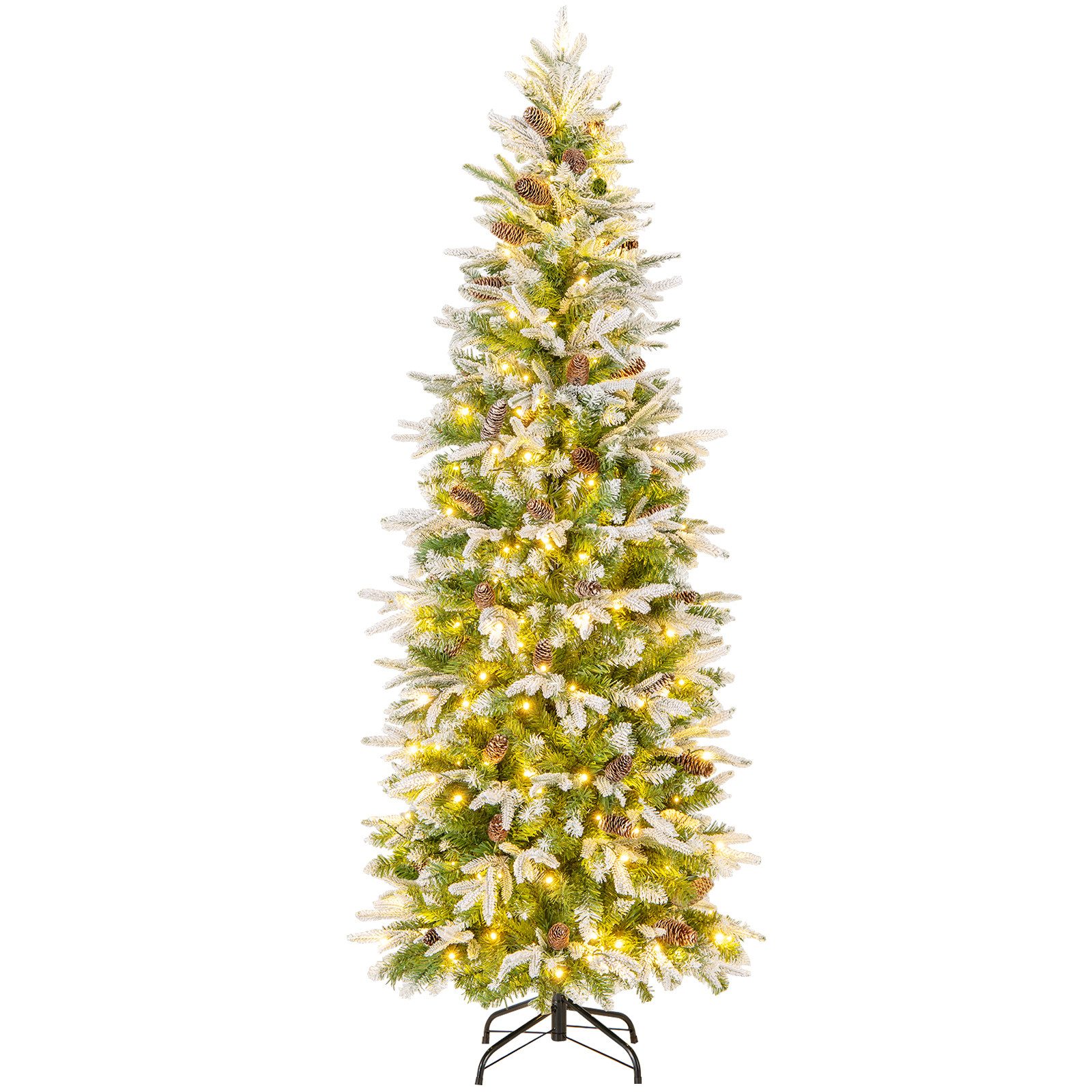 COSTWAY Künstlicher Weihnachtsbaum, 190cm, 280 LEDs, 60 Tannenzapfen, Schnee