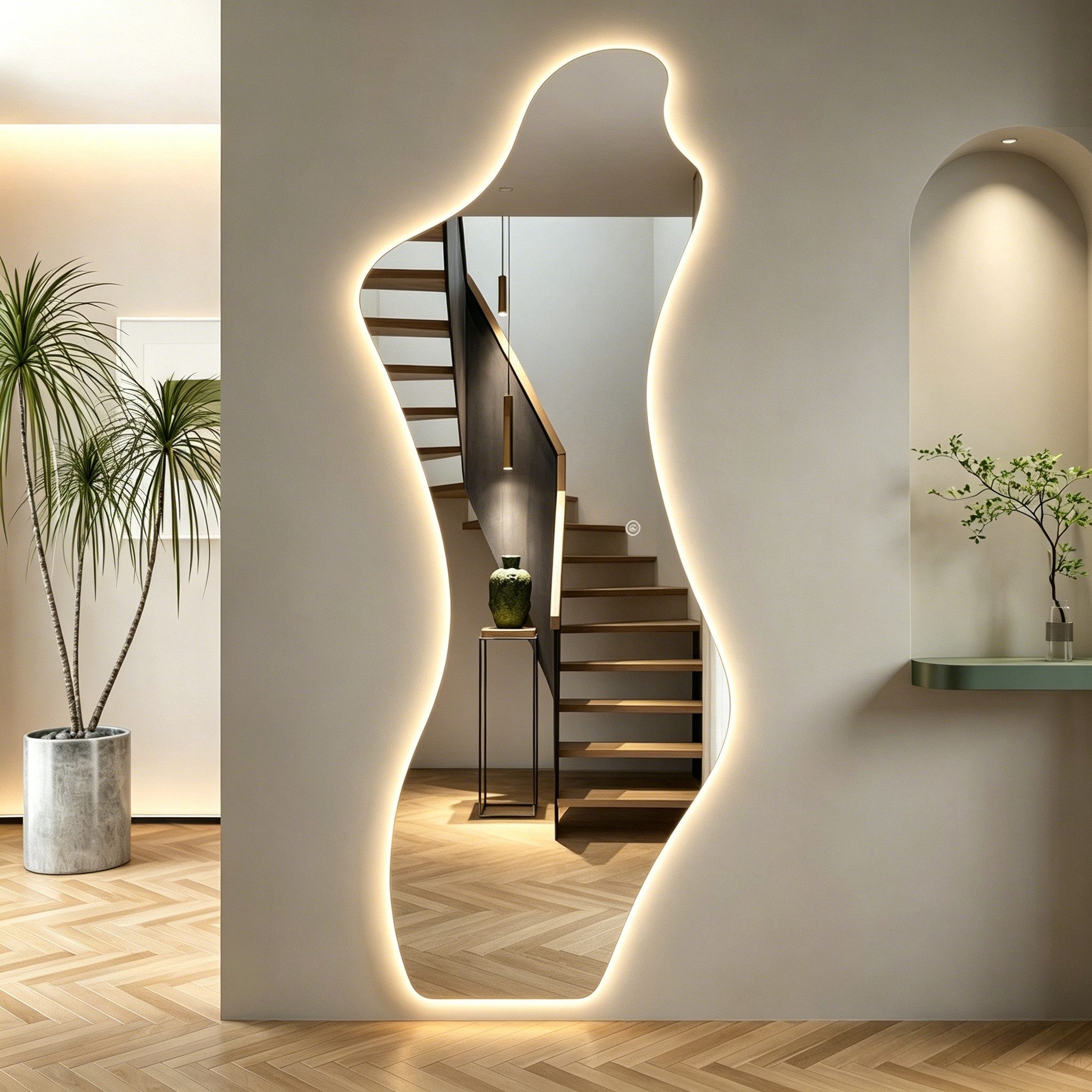 WDWRITTI Ganzkörperspiegel groß mit beleuchtung Wandspiegel asymmetrisch Dekospiegel Rahmenlos (Flurspiegel modern, Frauenfigur-Spiegel, 165x65cm), 3Lichtmodi, dimmbar, Speicherfunktion, mit Netzstecker