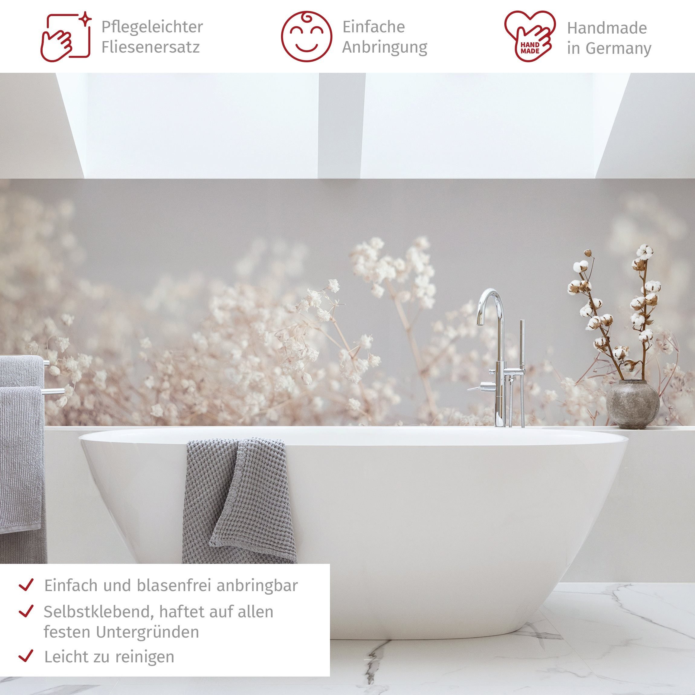 Bilderdepot24 Badrückwand beige fugenlose Wandverkleidung Bad Landhaus, (Hartfolie matt » Selbstklebend SMART 0,35 mm), wasserfestes Wandpaneel Sanfter Blütentraum