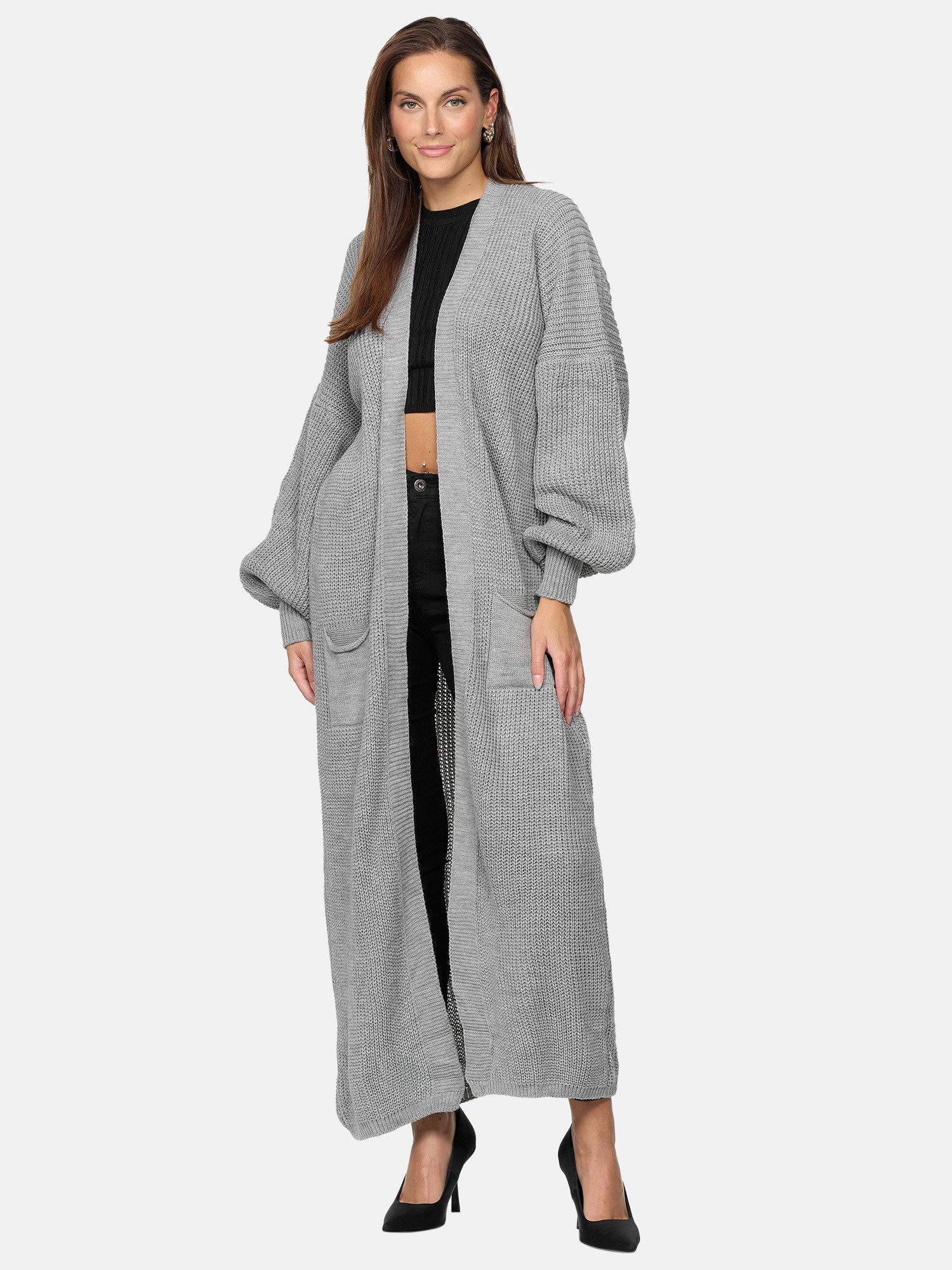 Elara Cardigan – Damen Longcardigan in Grobstrick mit Ballonärmeln und Taschen