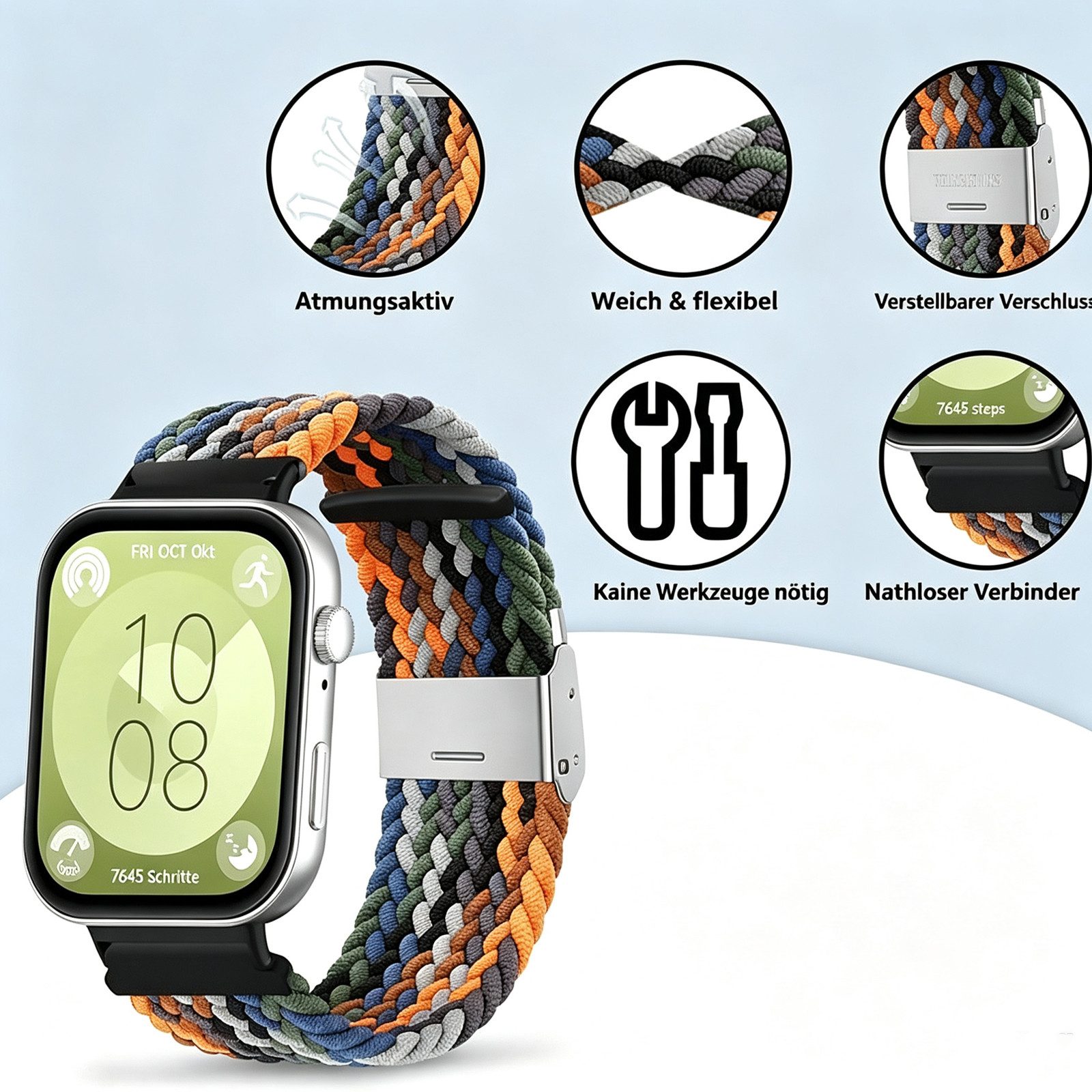 BOOD Uhrenarmband Nylon-Uhrenarmband, 20–22 mm, Geflochtenes Nylon‑Armband 20 mm / 22 mm, verstellbar für Smartwatch – Bild 2 von 5
