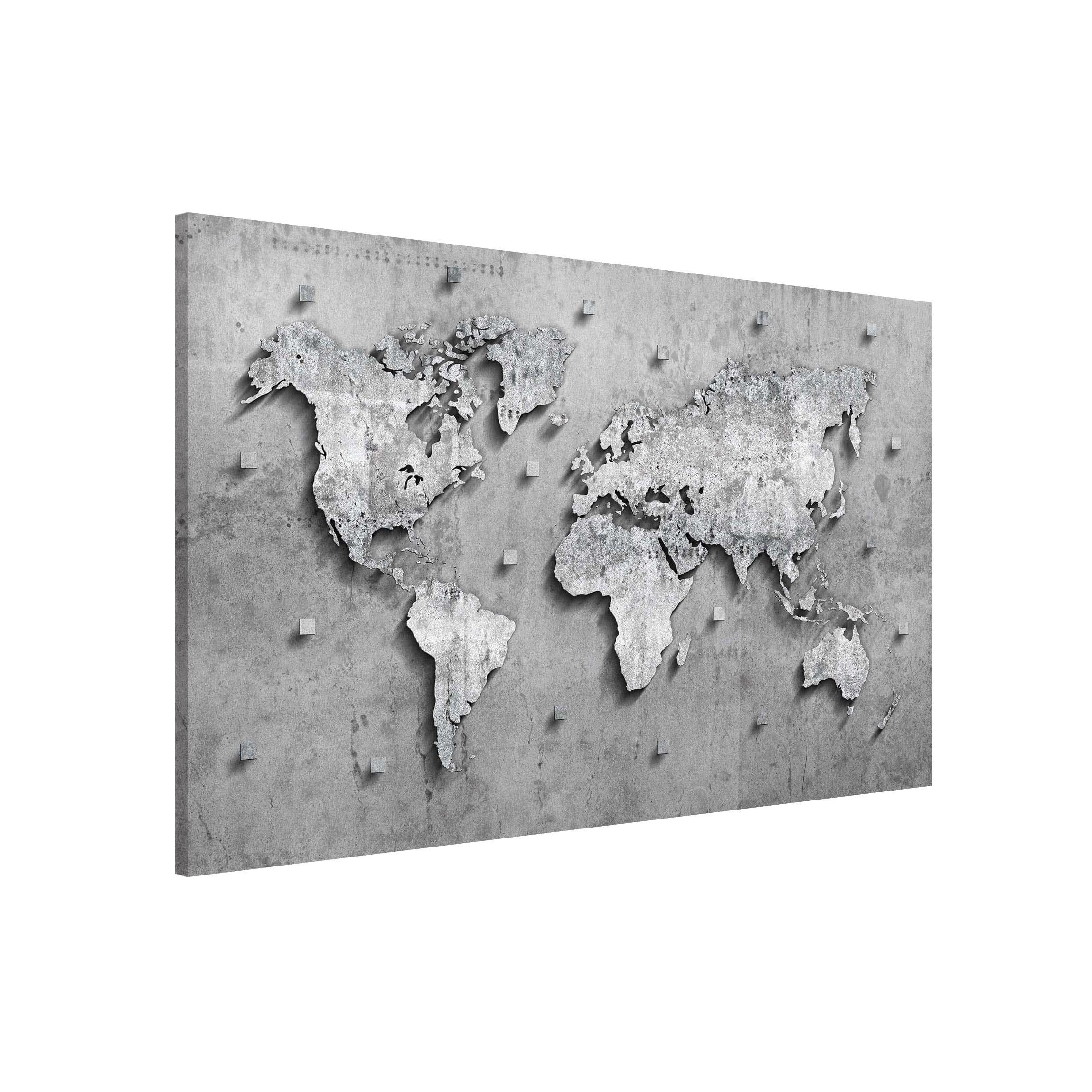Bilderdepot24 Magnettafel Küche deko Beton Weltkarte, (1-tlg., Magnetboard Pinnwand für die Wand - metallische Tafel für Magnete), Magnetwand groß mit Motiv Büro Memoboard magnetisch Querformat