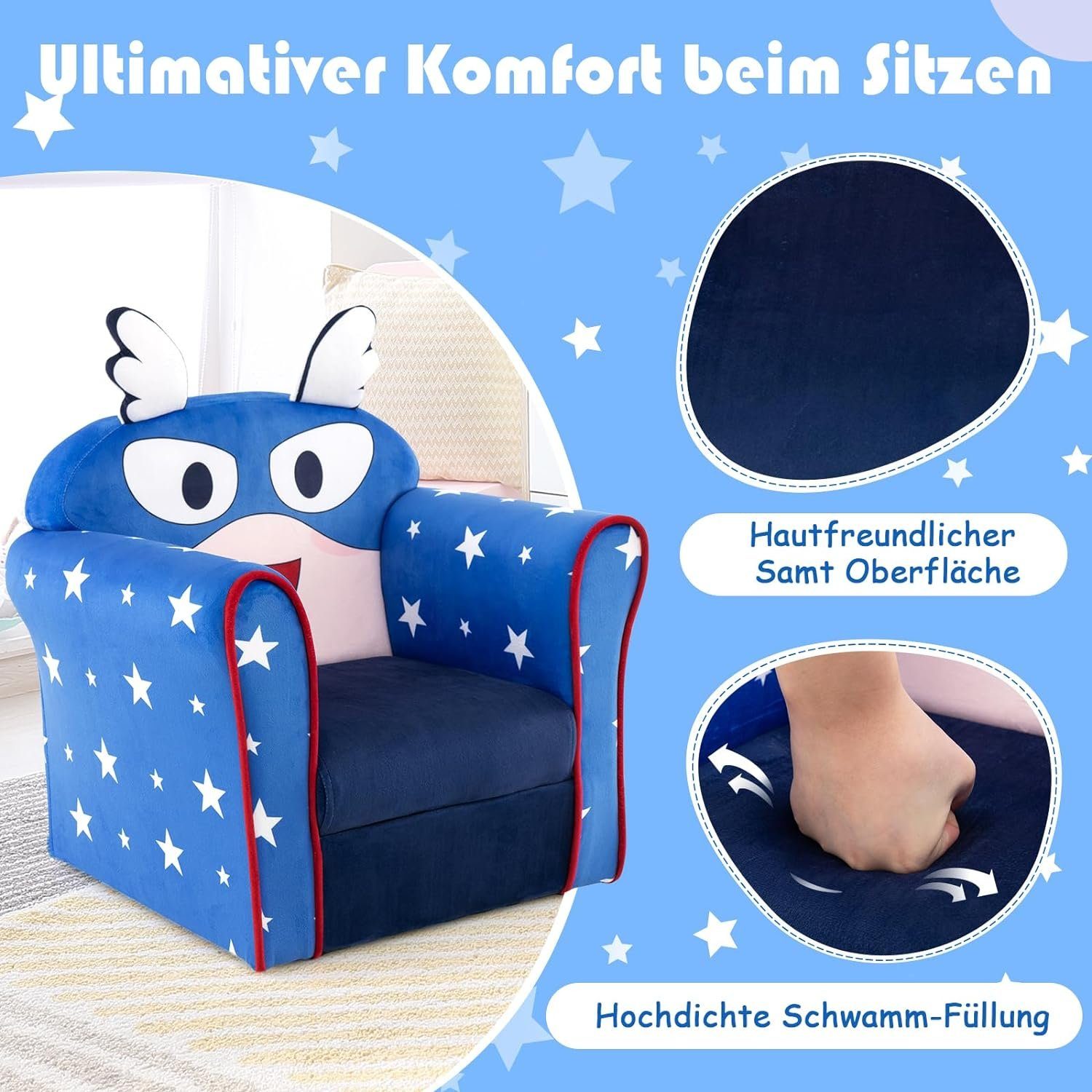 & Samtstoff hochwertigem Kindermöbel, Schwamm KOMFOTTEU aus Dunkelblau Kindersofa