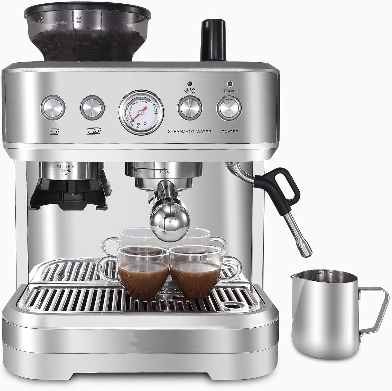 GarveeMore Espressomaschine EZ01, 2.3l Kaffeekanne, Kaffeefilter, Siebträger, 15 Bar, Mahlwerk, 15 Mahlgrade, Milchschaumdüse, 2,3 l Tank