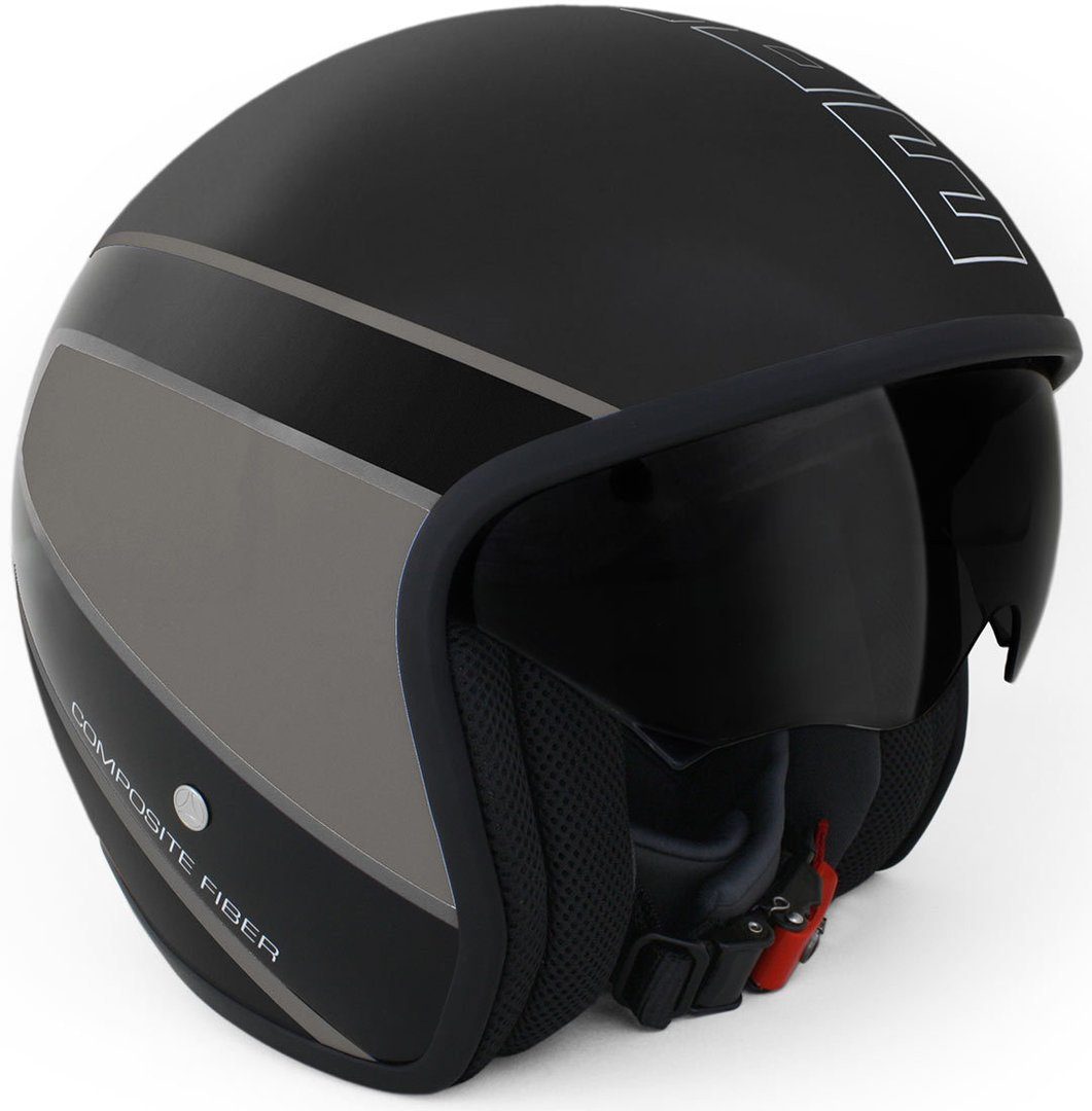 Momo Motorradhelm Raptor Jethelm Schwarz Matt / Dunkel Silber, integriertes Sonnenvisier