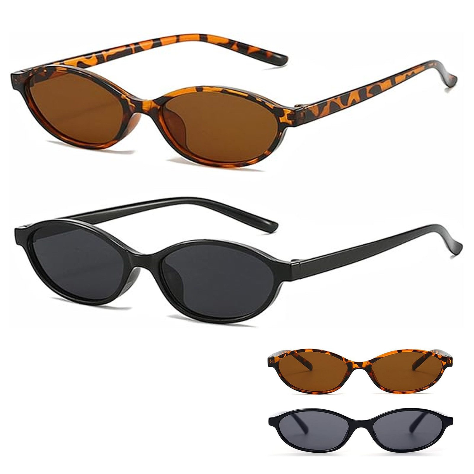 REDOM Sonnenbrille 2er Herren Damen Retro Oval Сонцезахисні окуляри Set (Cateye Kleine Schmale Sunglasses, 2-St., UV Schutz, ultraleicht, robust) ideal für alle Gesichtsformen, für Partys Strand Musikfestival usw.