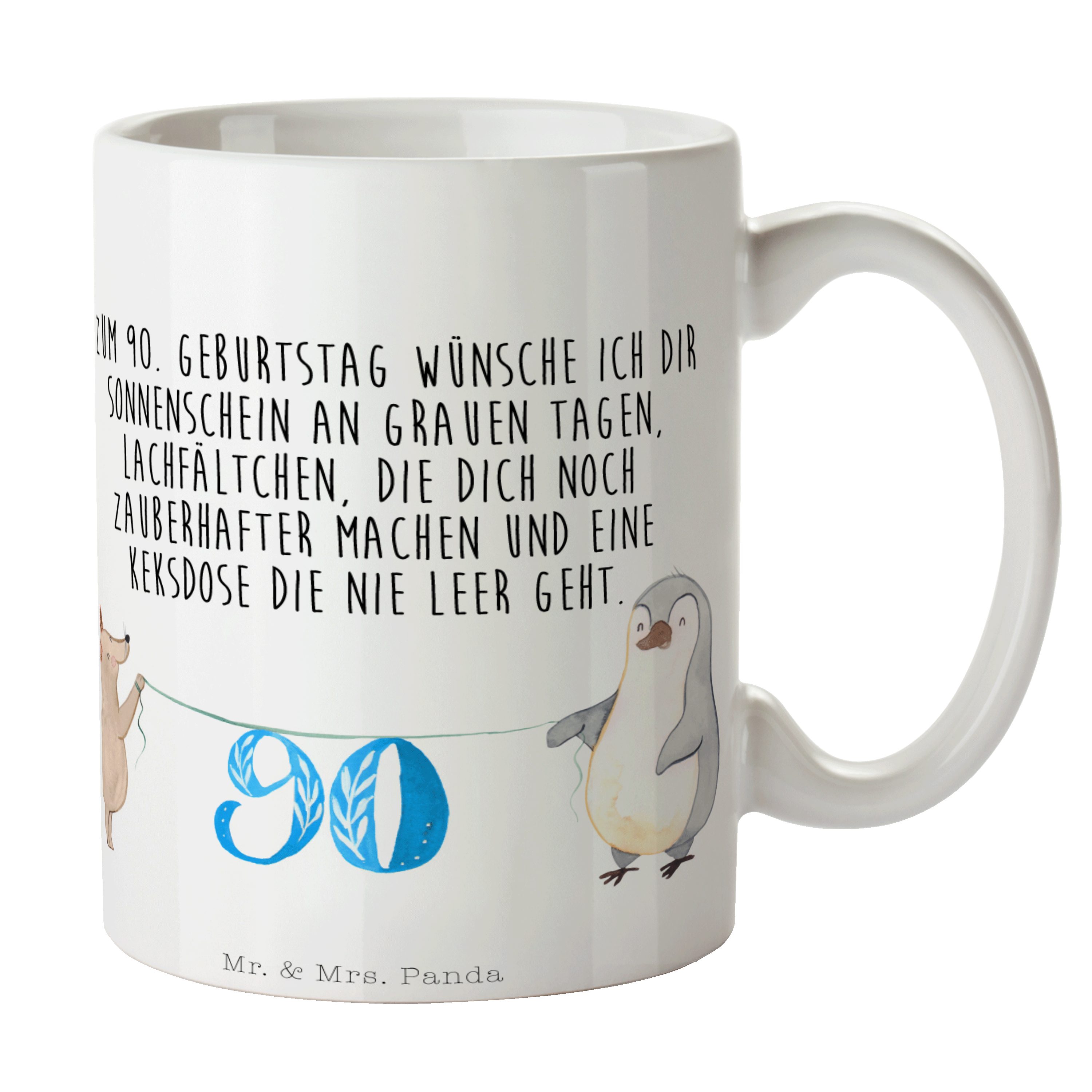 Mr. & Mrs. Panda Tasse 90. Geburtstag Maus Pinguin - Weiß - Geschenk, Geburtstagsgeschenk, K, Keramik